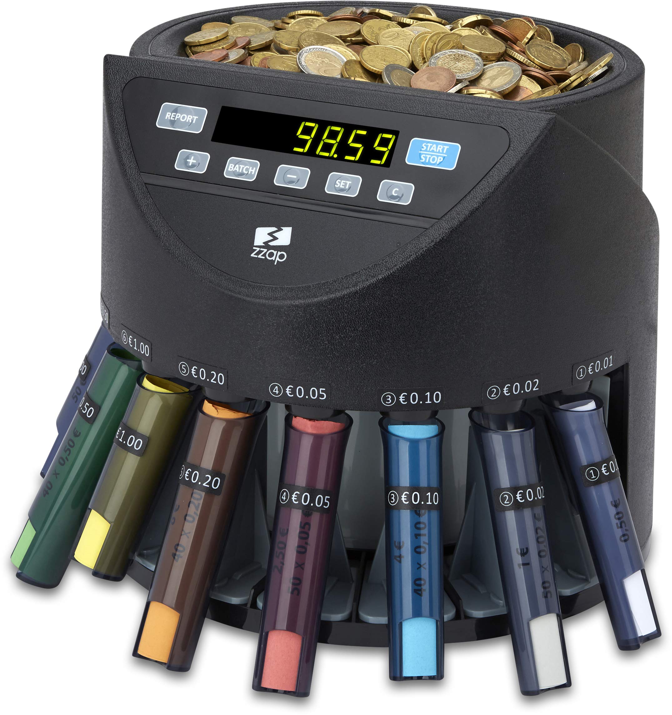ZZap CS20 - Compteuse et Trieuse Automatique de Pièces EURO Machine de Comptage de Monnaie. Compteuse de Pièces avec Tubes de Tri