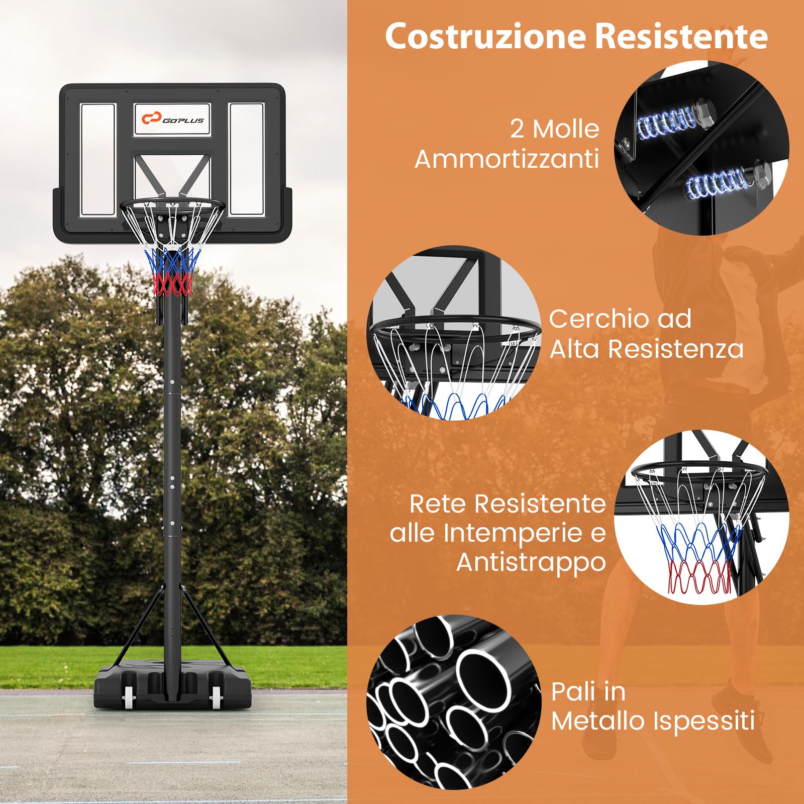 COSTWAY Canestro da Basket da Esterno, Canestro Basket Portatile e Regolabile in Altezza da 1,5 a 3 M con Tabellone in PC da 111 cm, Base Riempibile, Borsa per Pesi e Ruote
