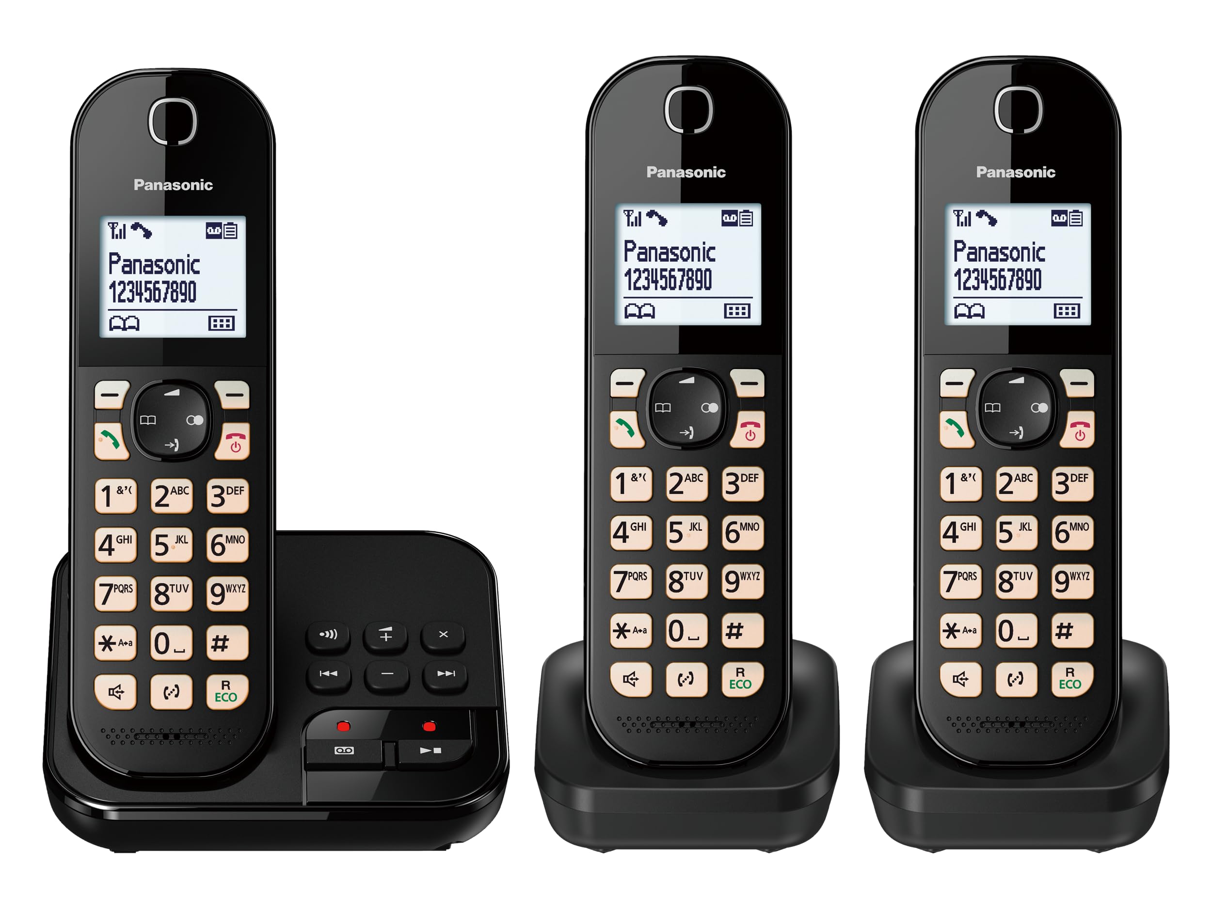 Panasonic KX-TGC463GB Digitales Schnurloses Telefon mit Anrufbeantworter, Basisstation & 3 Mobilteile, LCD-Display, große Tasten, Schwarz
