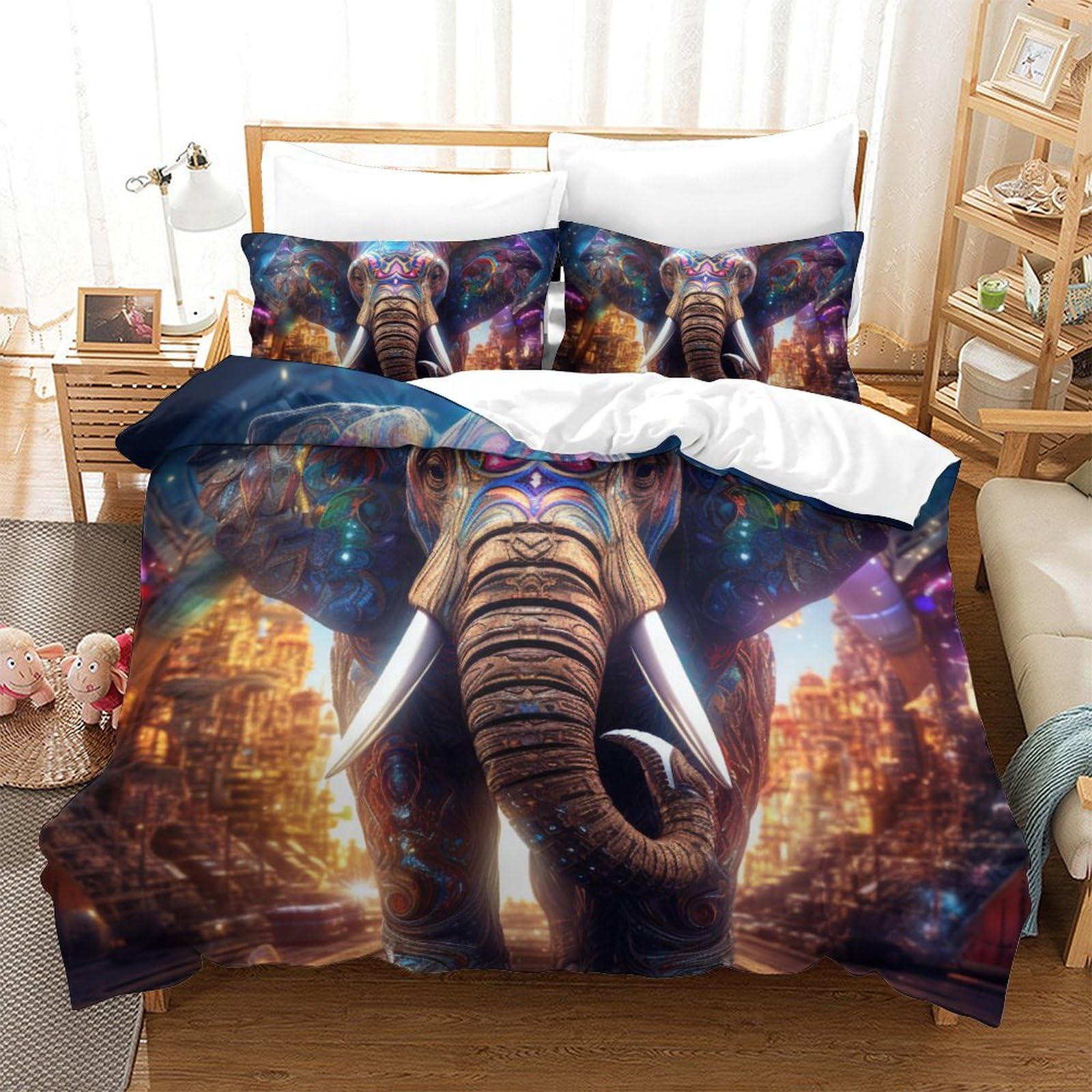 Housse de couette éléphant anti-plis en microfibre 260x220cm avec fermeture éclair pratique