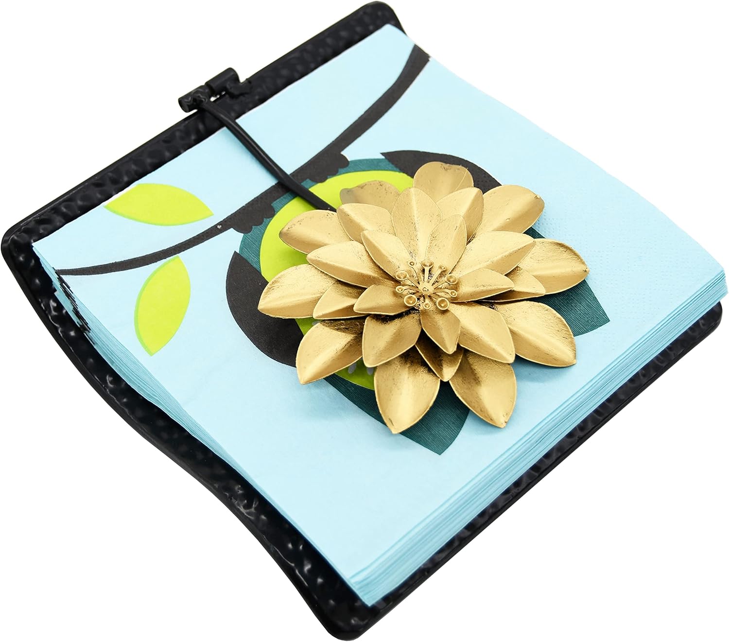 OwlGift Black Flat Napkin Holder w/Golden Flower Weighted Arm, Metal Cocktail Napkin Dispenser, Kitchen Counter Paper Towel Storage, Dining Table Organizer