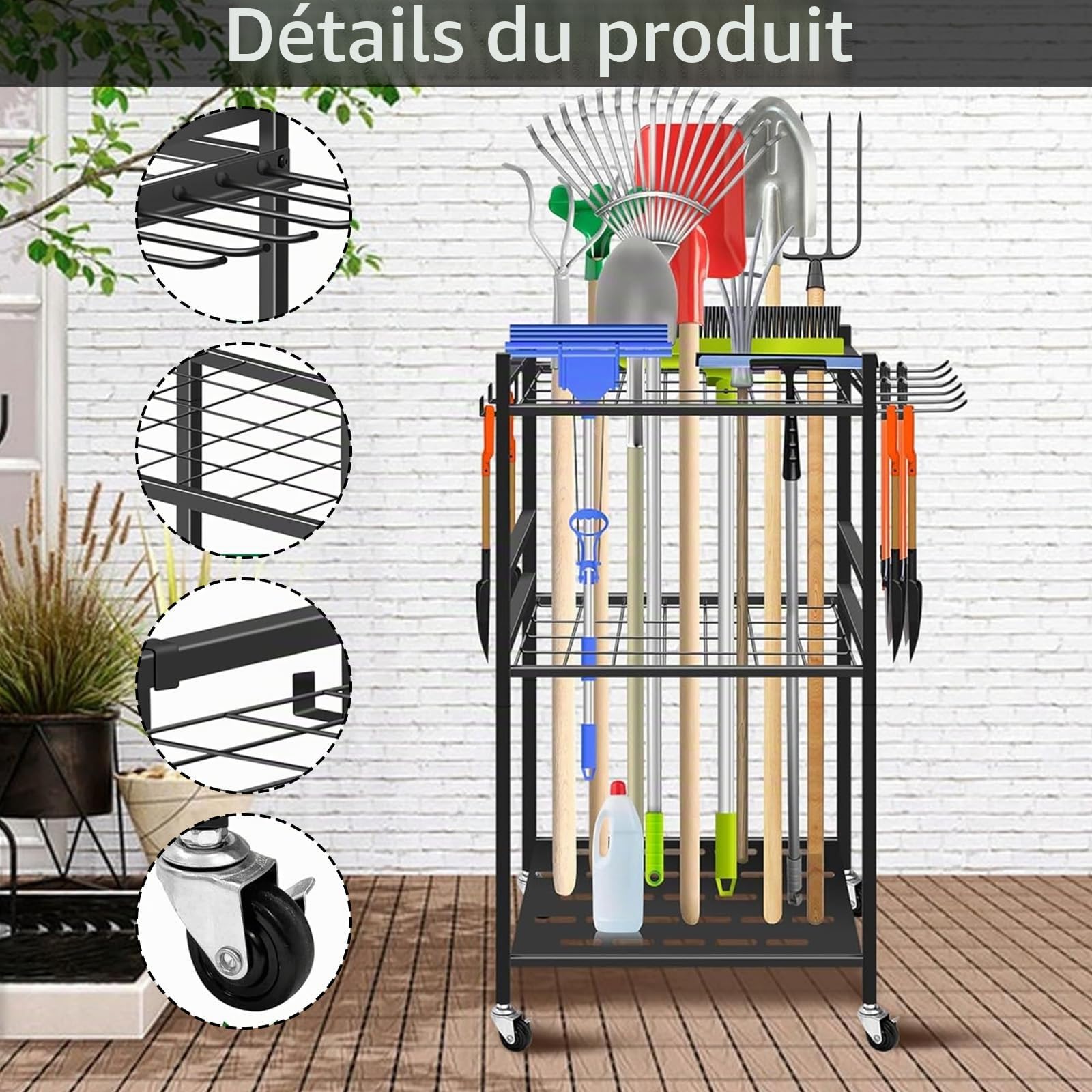 Range Outils de Jardin, Chariot de Jardin en Acier au Carbone avec Roue Universelle Support Range Outils de Jardin avec 6 Crochets Latéraux Longs et 3 Crochets de Rangement pour Garages et Jardins