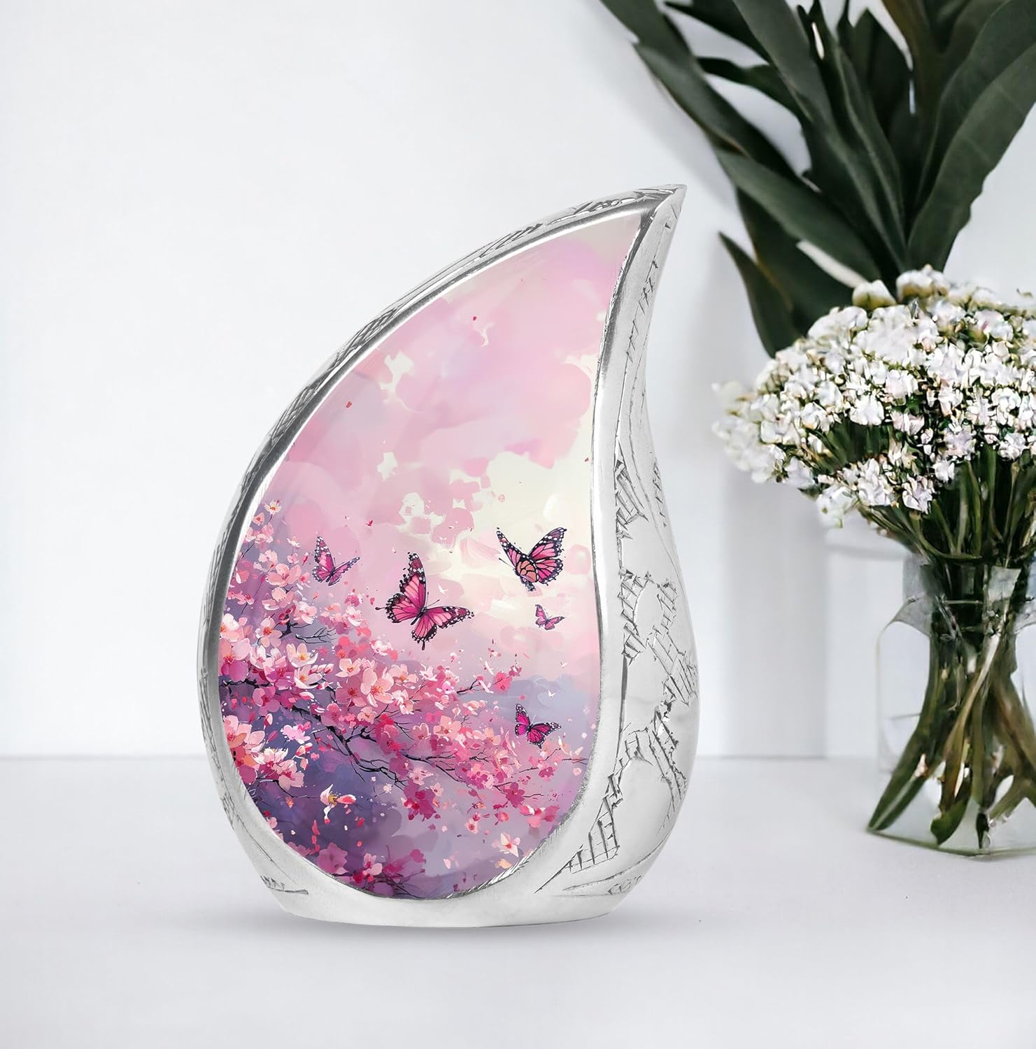 Pink Butterfly Urn - Tear Drop Urns - Cremation Urns for Burial - Ashes Urn - Urns for Cremation Ashes (10 inch Pack of 1)