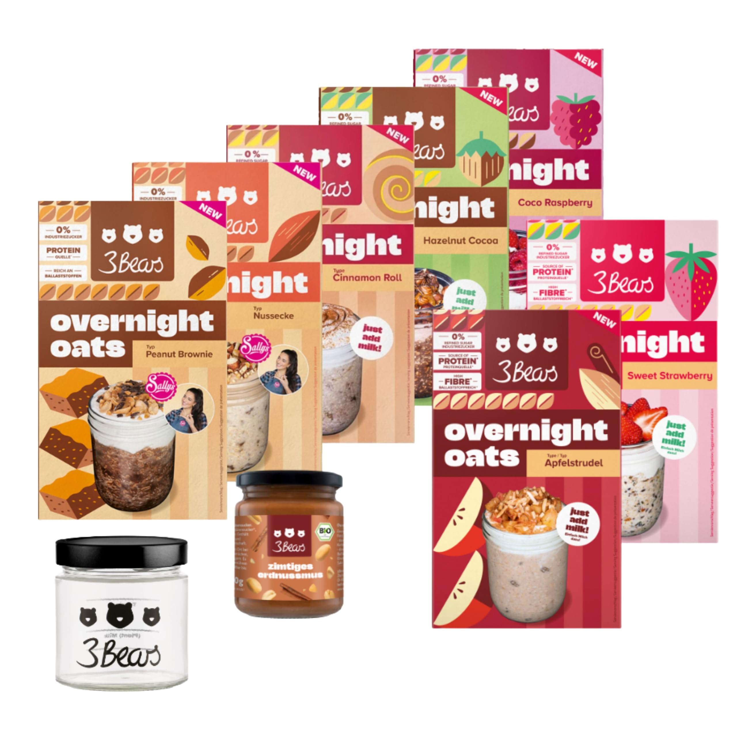 3Bears Overnight Oats Meal Prep Set – Cozy Edition 7x400g inkl. Glas und Erdnussmus - veganer Vollkorn-Hafer in verschiedenen herbstlichen Sorten - schnelles Meal Prep