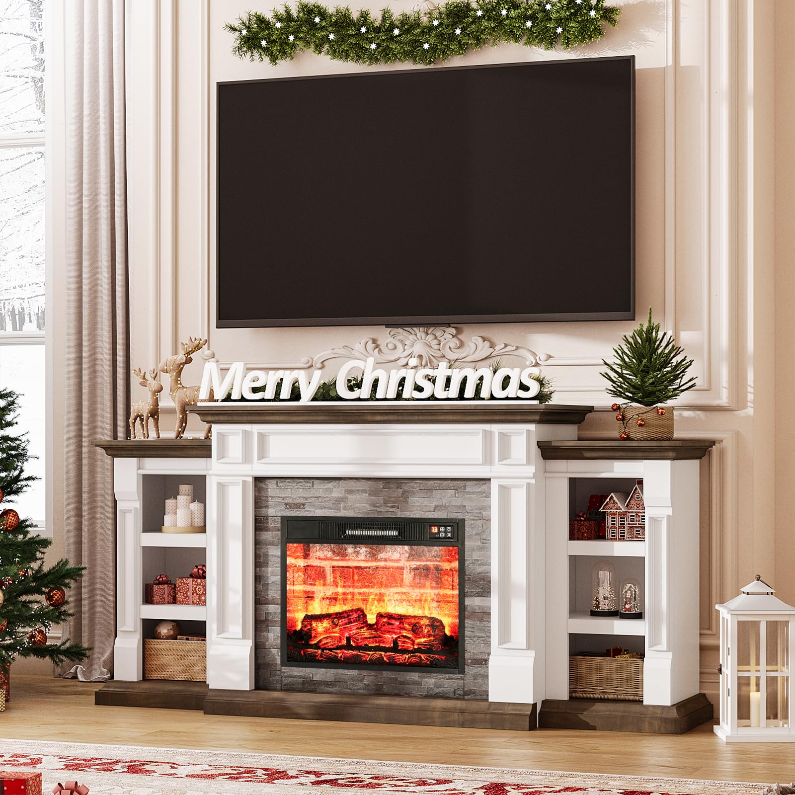 LGHM 72" Electric Fireplace with Mantel, Fireplace TV Stand for TVs Up to 80 Inch, Farmhouse Entertainment Center with Storage, Realistic Stacked