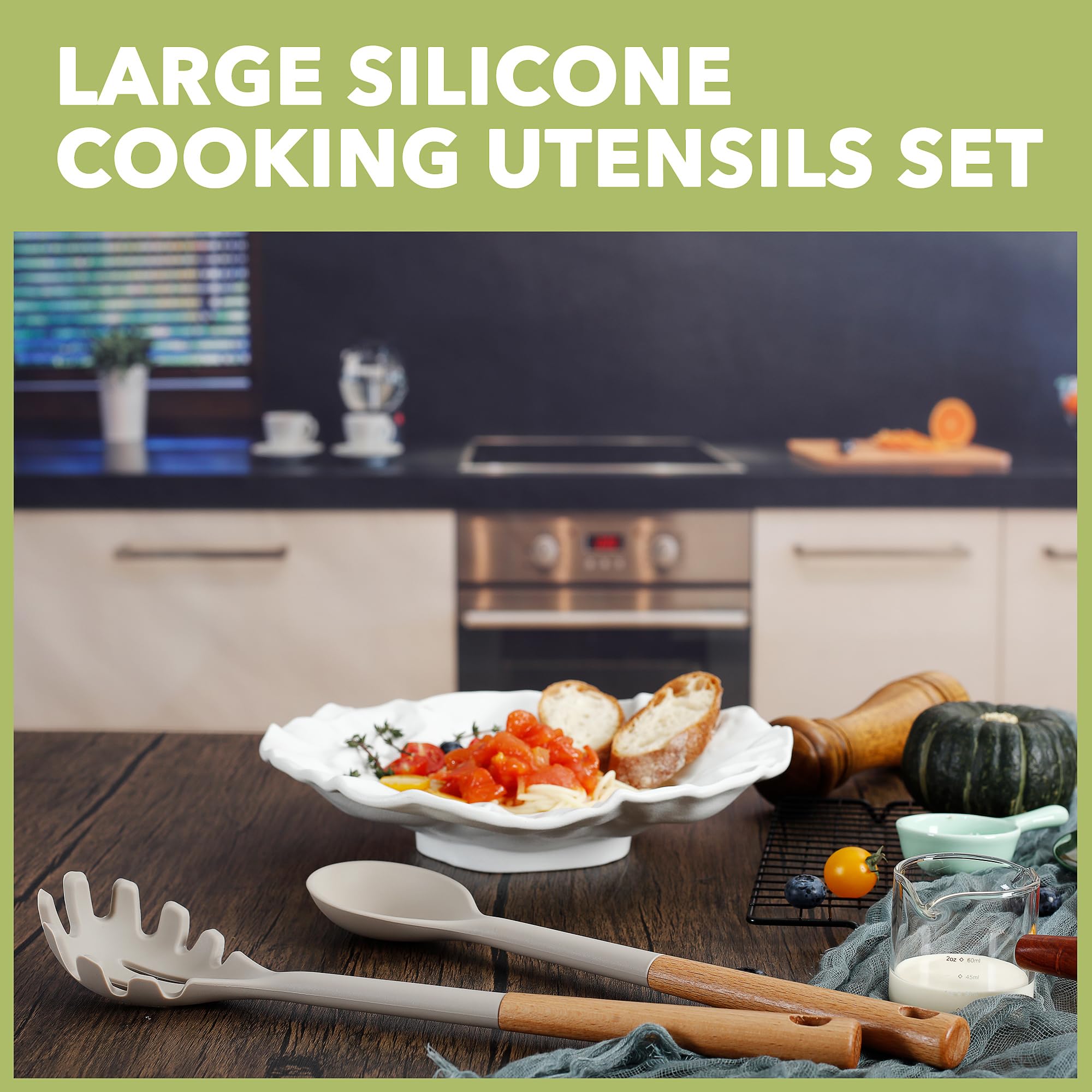 Fyvva Set di utensili da cucina grandi, 7 pezzi, in silicone resistente al calore, set di utensili da cucina in silicone per uso alimentare e manici in legno, spatola, mestolo, pasta, utensili da