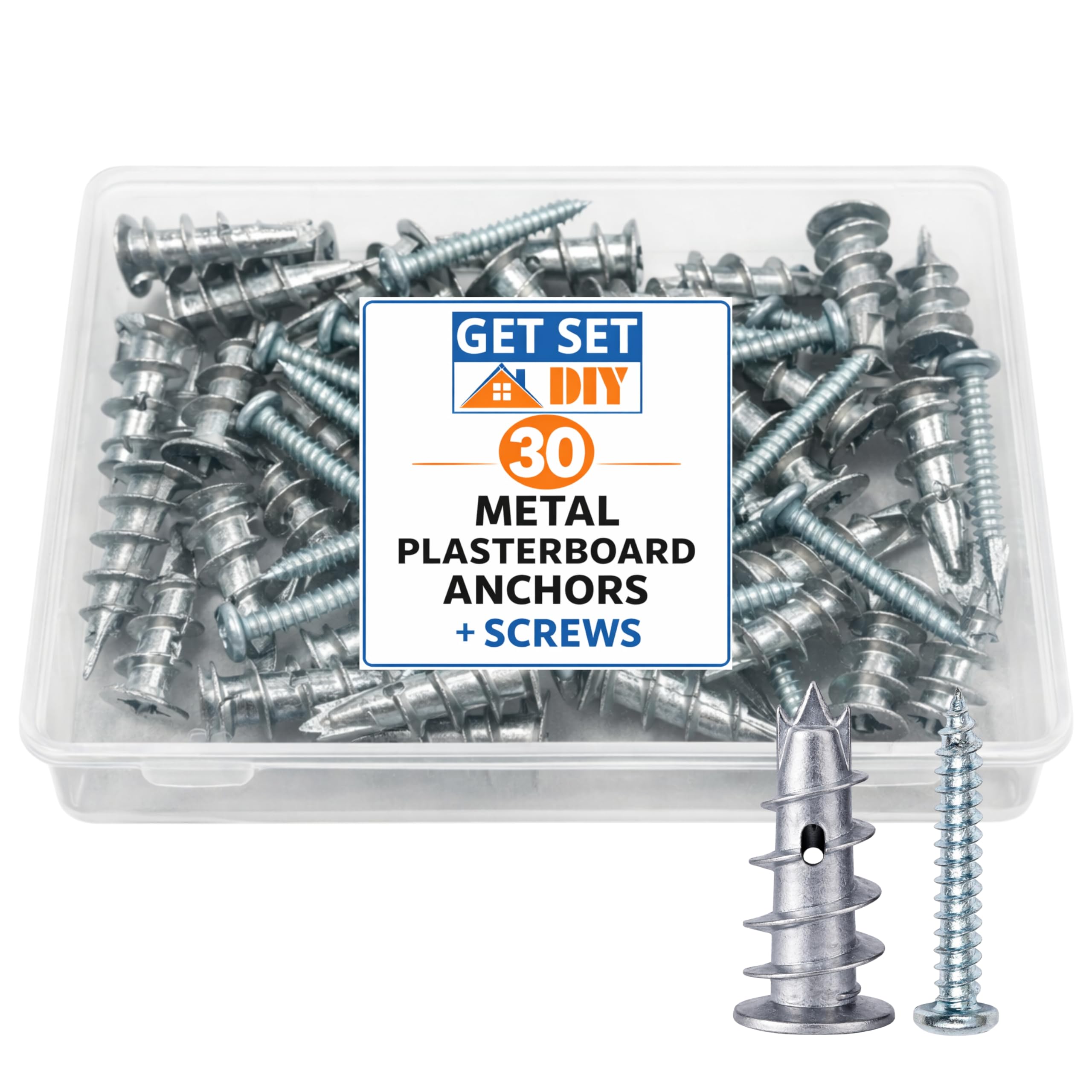 Plasterboard Fixings Heavy Duty Metal Wall Plugs (Pack of 30) With Plasterboard Screws 32mm - Plaster Board Wall Fixing, Dry Wall Anchor Screws for Shelves, TV Bracket and Curtain Rails