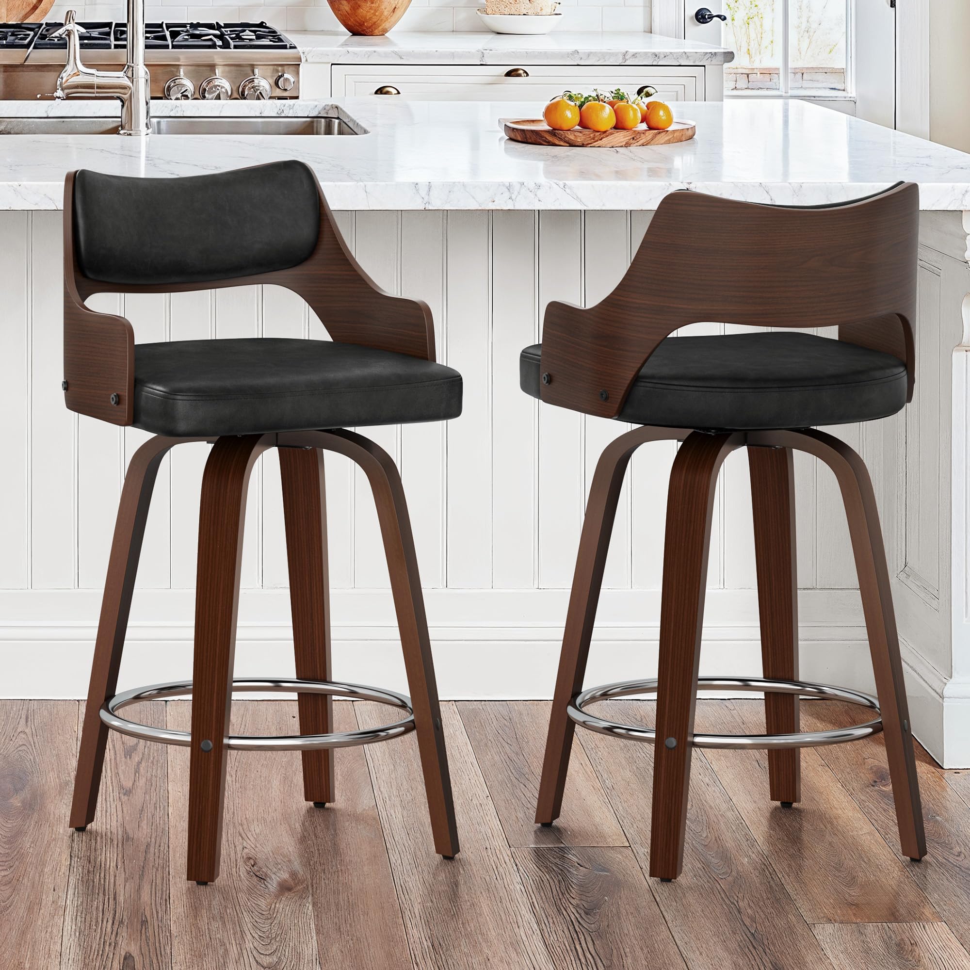 LUE BONA Set of 2 Wooden Kitchen Stools, 360° Swivel 66 cm Bar Stool with Footrest and Backrest, Wood Kitchen Stools, for Kitchen, Dining Room, Bar, Black + Dark Walnut