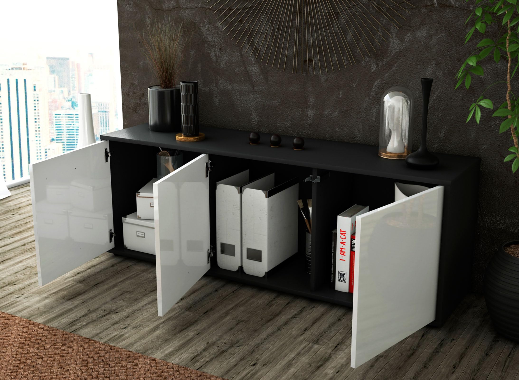 Meuble TV Allegra Stil.Zeit - Basse Design Blanc Brillant/anthracite - 136x49x35cm - Fonction Push-to-open