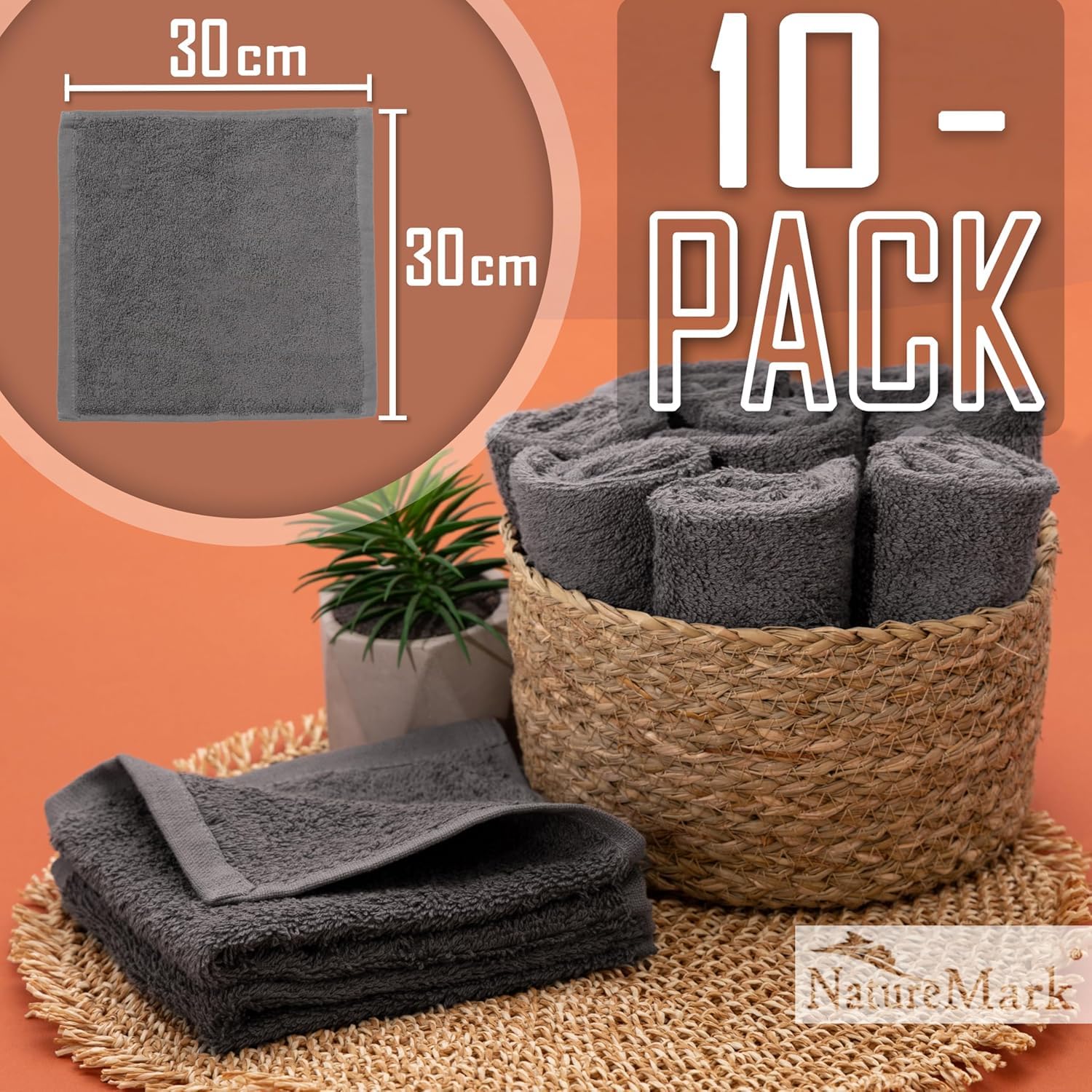 NatureMark Zestaw 10 małych ręczników frotte do twarzy i rąk – 100% bawełna, miękkie i chłonne – 30×30 cm, Szary Antracytowy