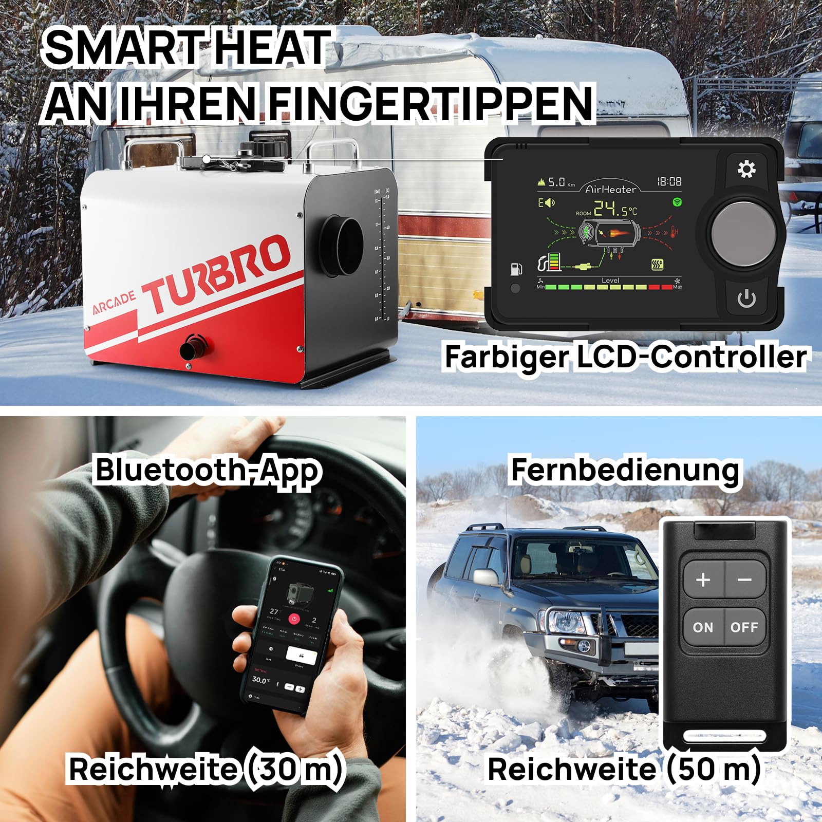 TURBRO Riscaldatore a Diesel, 8kW, Serbatoio di 5L | Compatibile 12V/24V, App Bluetooth e LCD, Timer Programmabile, Avviamento -40°C, Modalità Altitudine
