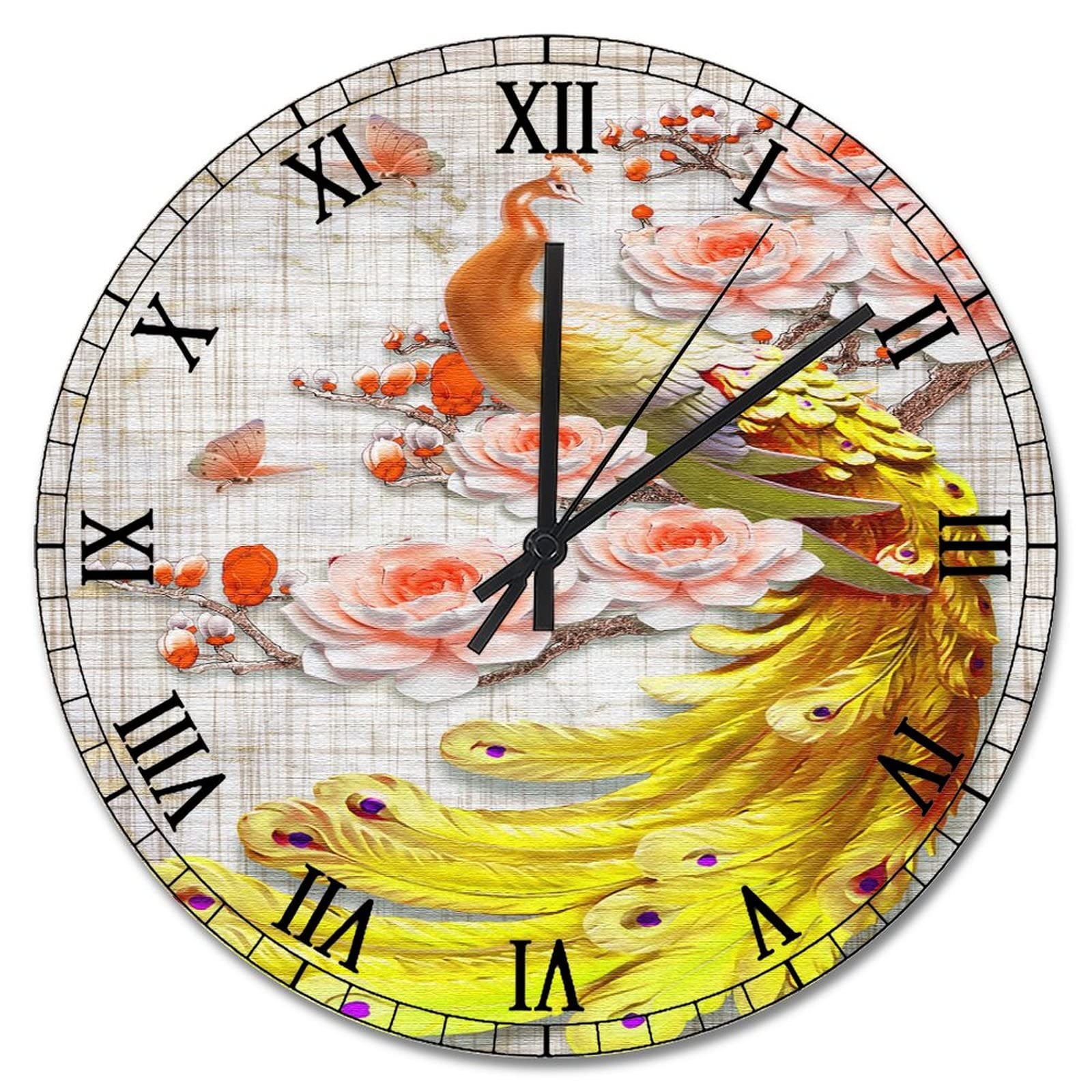 Horloge murale vintage paon en bois de 38 cm pour une décoration rétro de salon