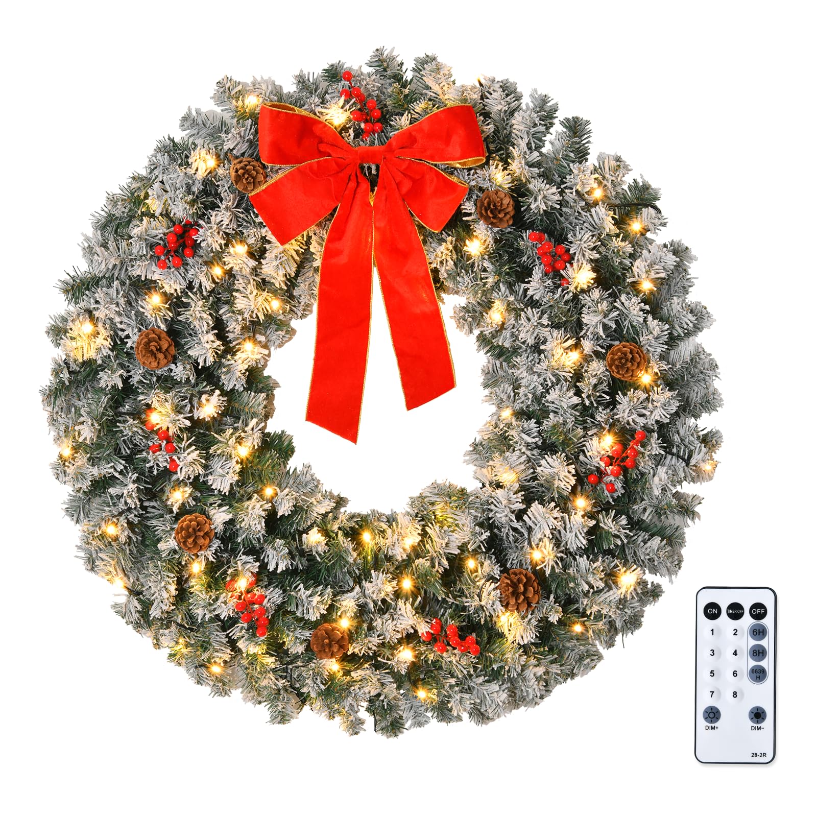 Bonnlo 24in/60cm Snowy Christmas Wreath for Front Door with Remote Control
