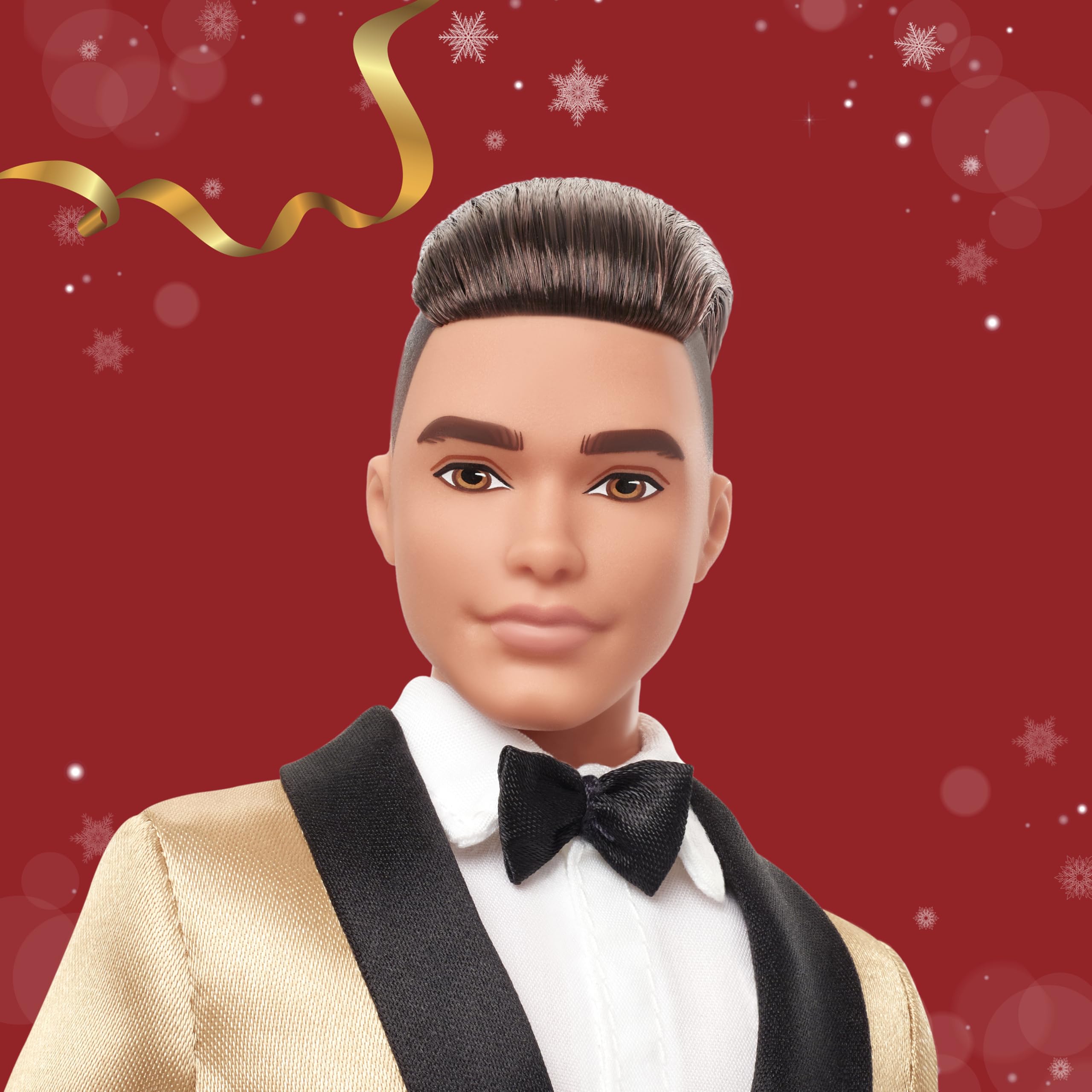 Barbie Signature 2025 Holiday Castano Chiaro Capelli Ken Bambola da Collezione Moda Indossare Completo con Giacca Dorata in Confezione Visualizzabile & Supporto per Bambole