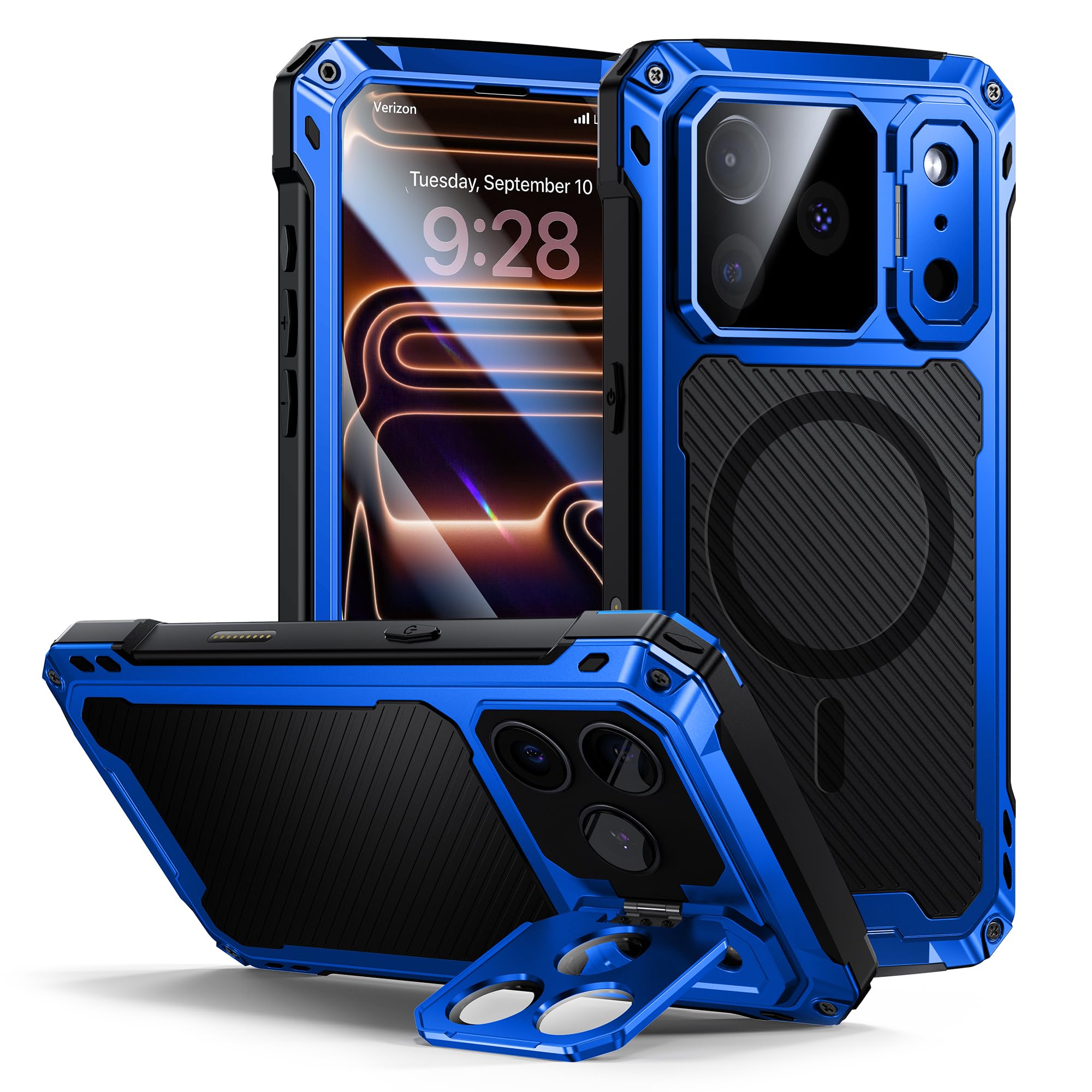 Photo 1 of Lanhiem for iPhone 17 Pro Max Metal Case with Kickstand, Compatible with MagSafe, Built in Tempered Glass Screen Protector, Heavy Duty Shockproof Rugged Phone Cases, Full Body Tough Cover 6.9" (Blue)
