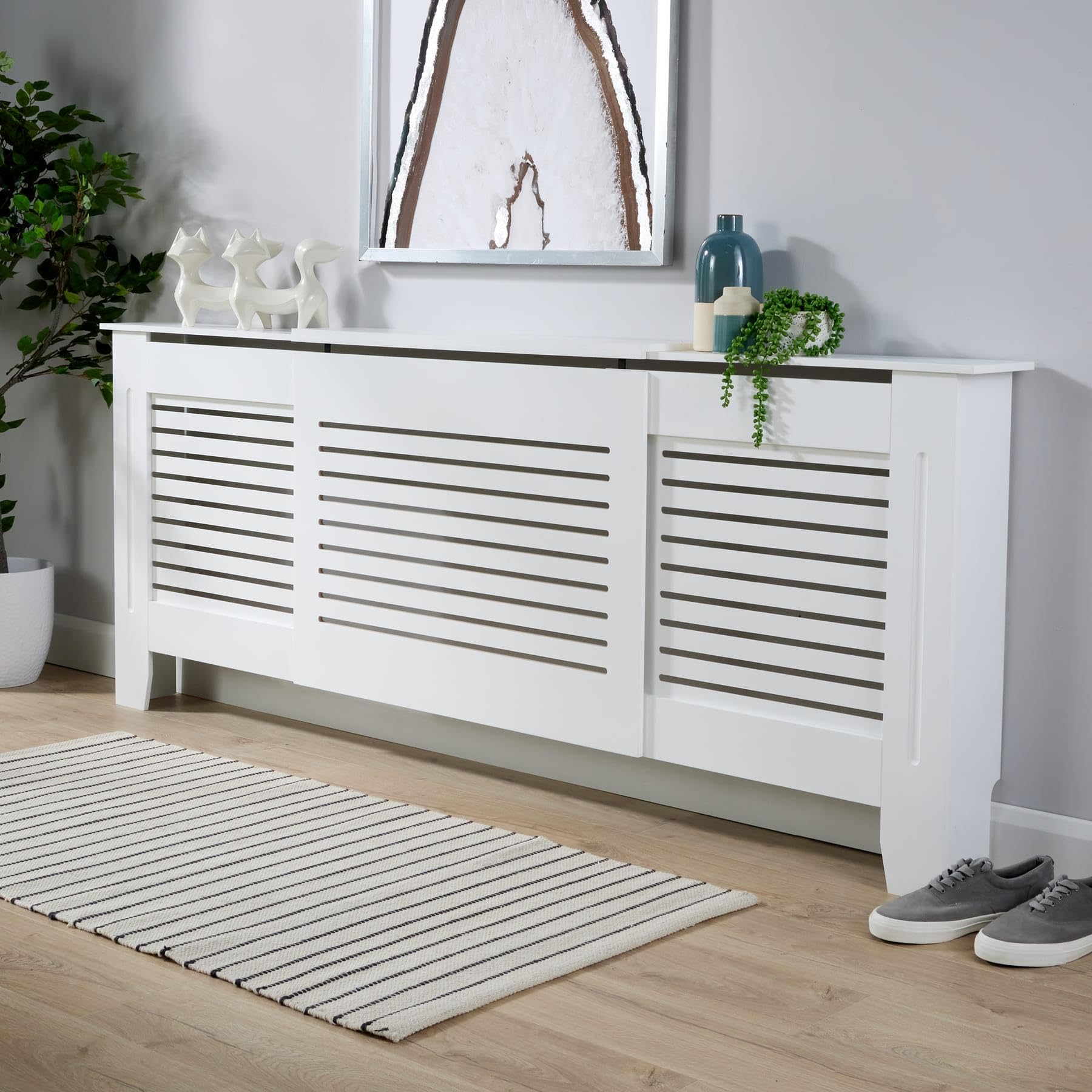 Radiator Cover - Extending - Adjustable - Wooden MDF Slatted Grill - White