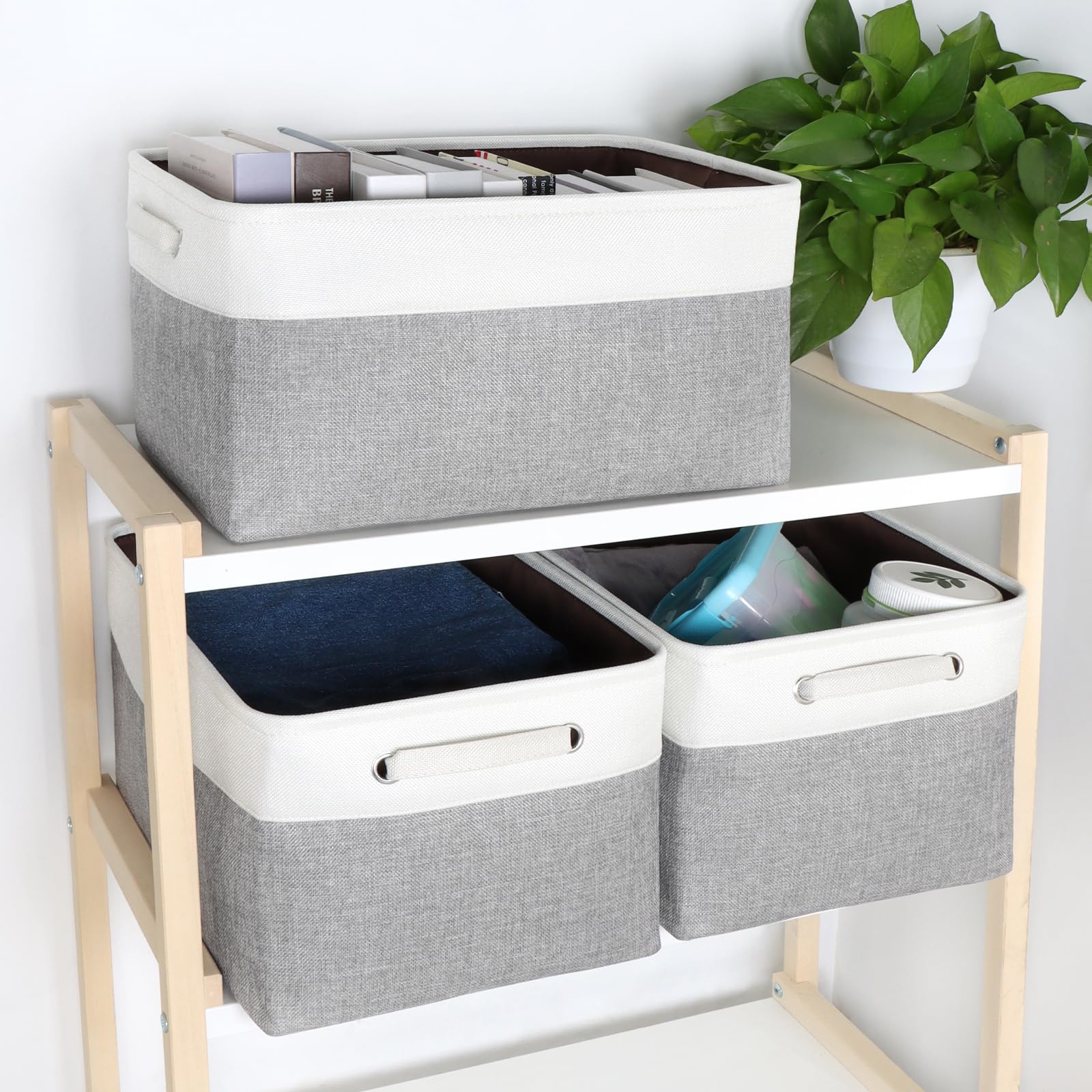 Canastas de almacenamiento de tela con asa, cajas de almacenamiento grandes para armario, estantes, guardería, dormitorio, hogar (17 x 11.8 x 9.8 pulgadas)