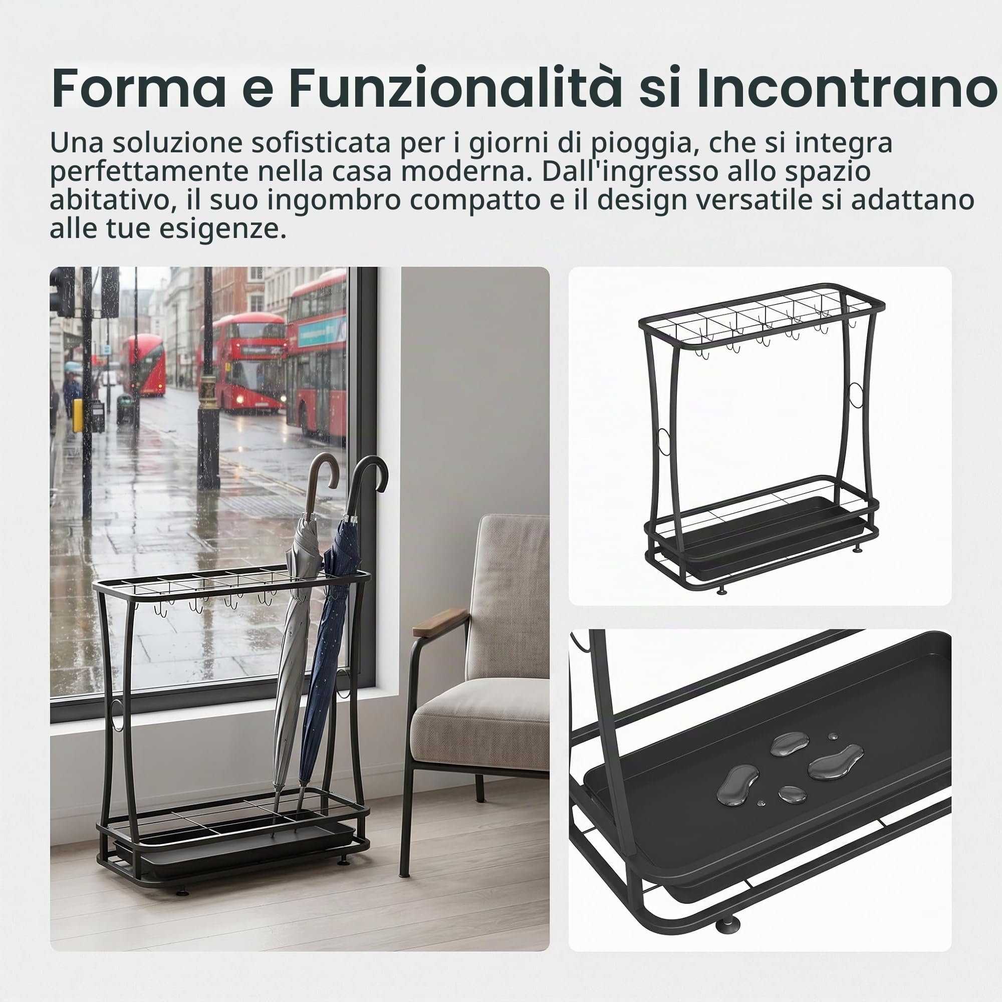 Turosur Portaombrelli, 21 fori, 24 ganci, con vassoio antigoccia rimovibile, per ingresso, casa, ufficio (nero)