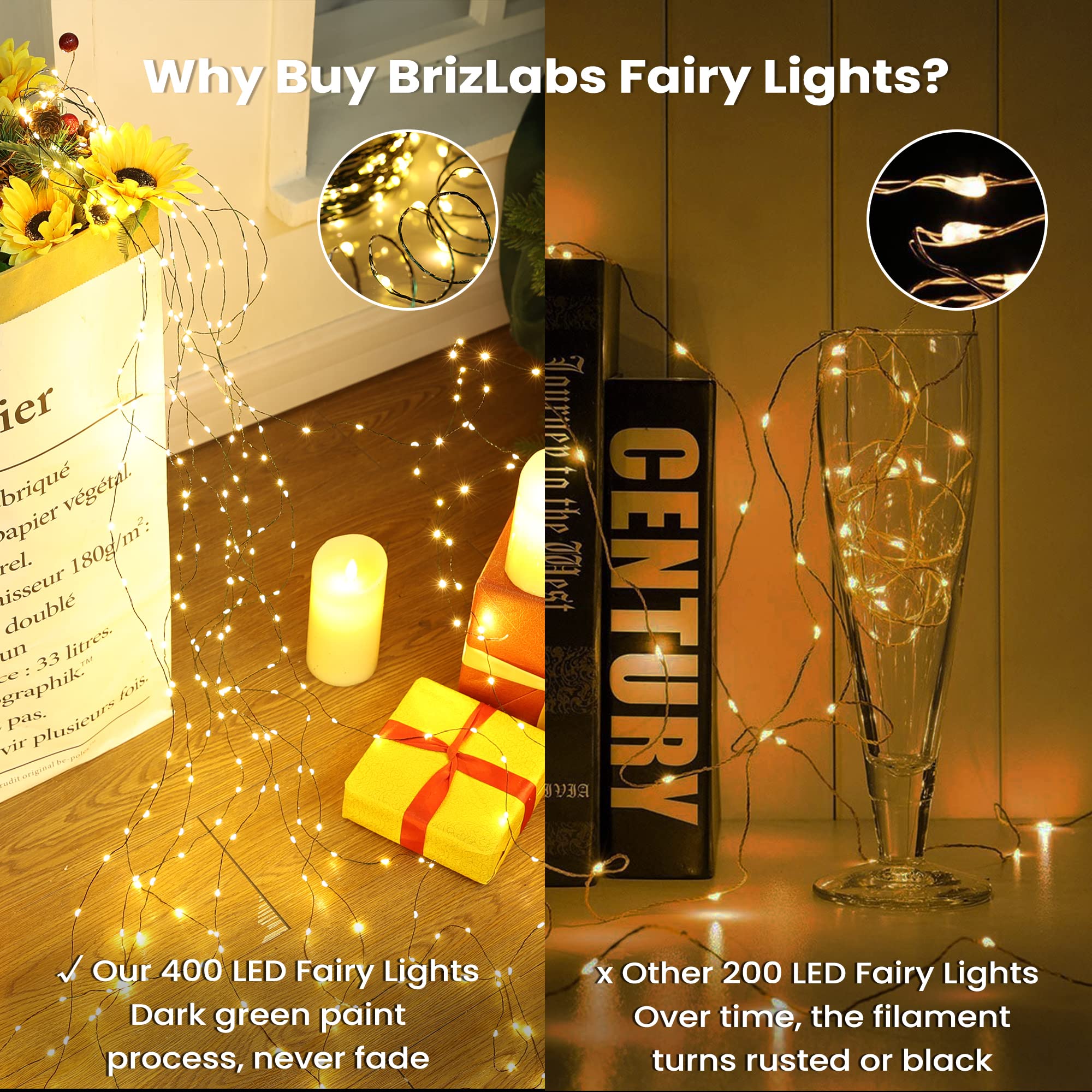 BrizLabs Luci Albero di Natale Esterno, 20M 400 LED Bianco Caldo Catene Luminose Decorazioni Elettrica Filo Rame Luce Fata 8 Modalità Impermeabile Stringa Luci per Giardino Balcone Terrazzo Feste