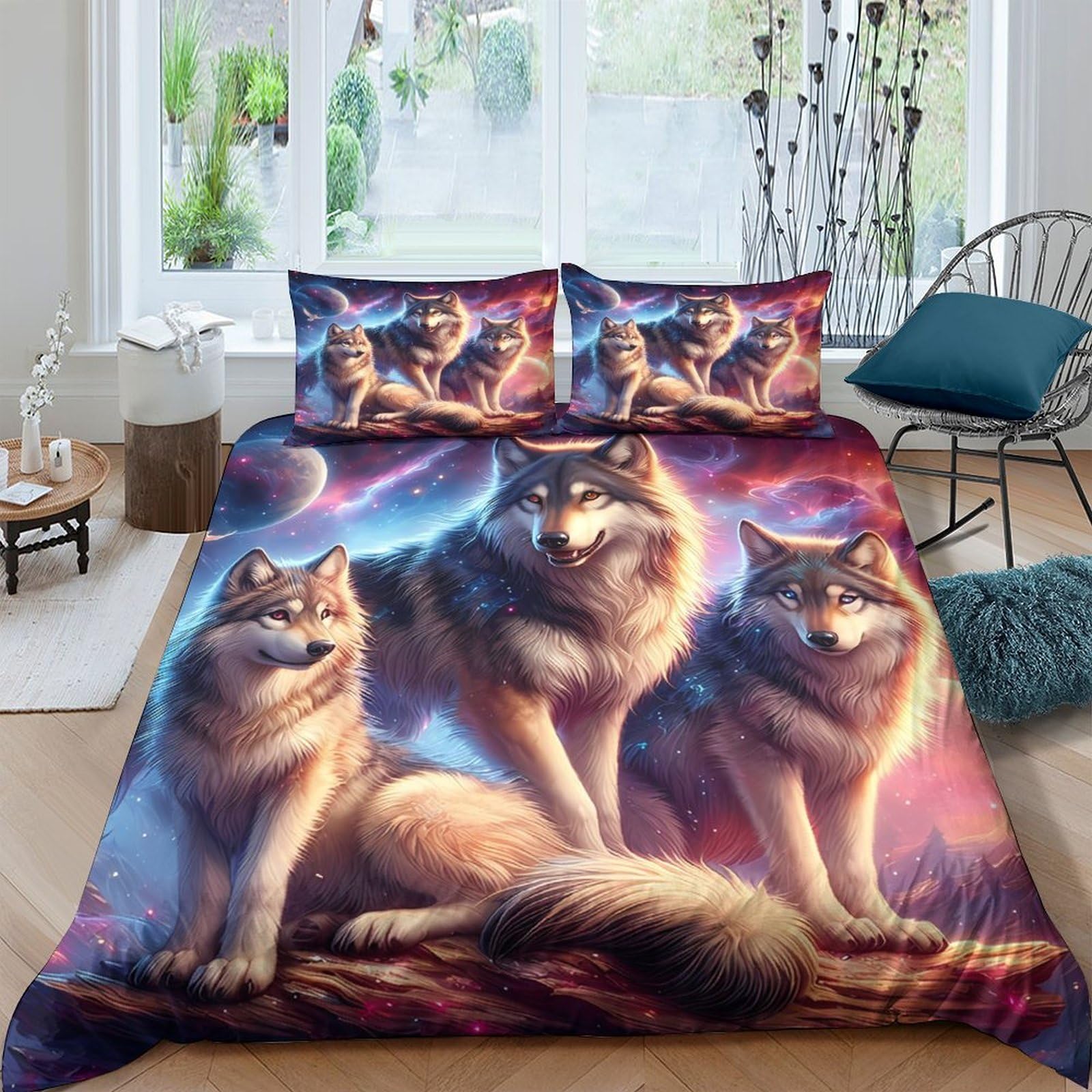Ctjqhvkz Style-8 3D Printed Wolf Pack Fitted Sheet Microfiber Soft Breathable Forest Night Mattress Cover Bedroom Decor Single（135X200cm）