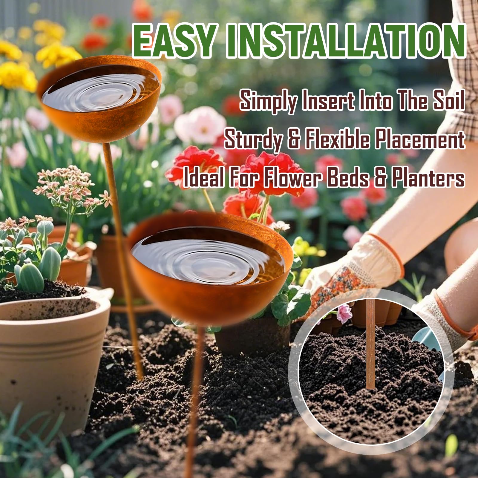 Gartendeko Vintage Gartenstecker Rost Gartendeko für Draußen Vogeltränke Garten Insektentränke Metall Rostiger Beetstecker Topfstecker 3er