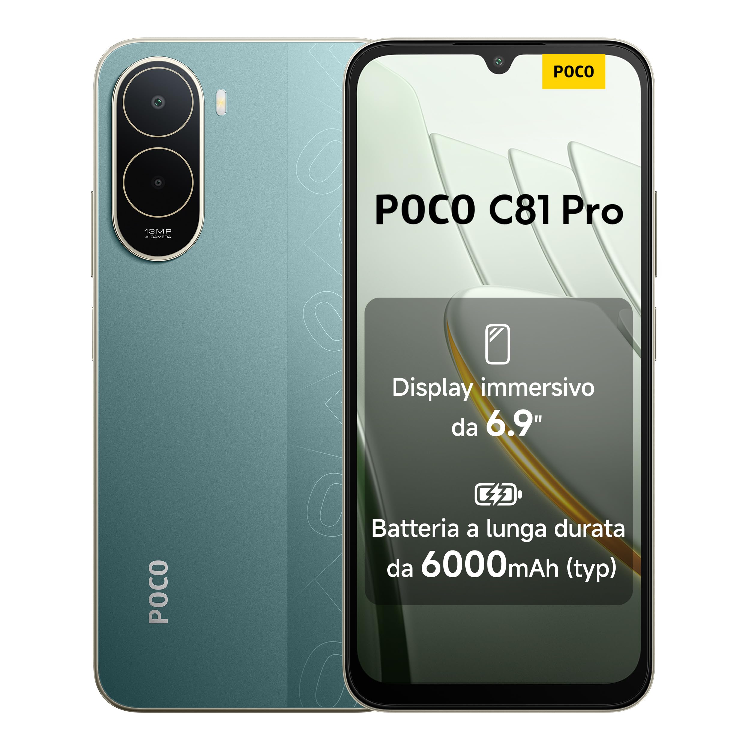 POCO C81 Pro Smartphone 4+128GB, Batteria da 6000mAh(typ), Display immersivo 6,9" con refresh rate 120Hz, Fotocamera AI doppia da 13MP, Design elegante e raffinato, Verde, Garanzia 2 anni+1 anno extra