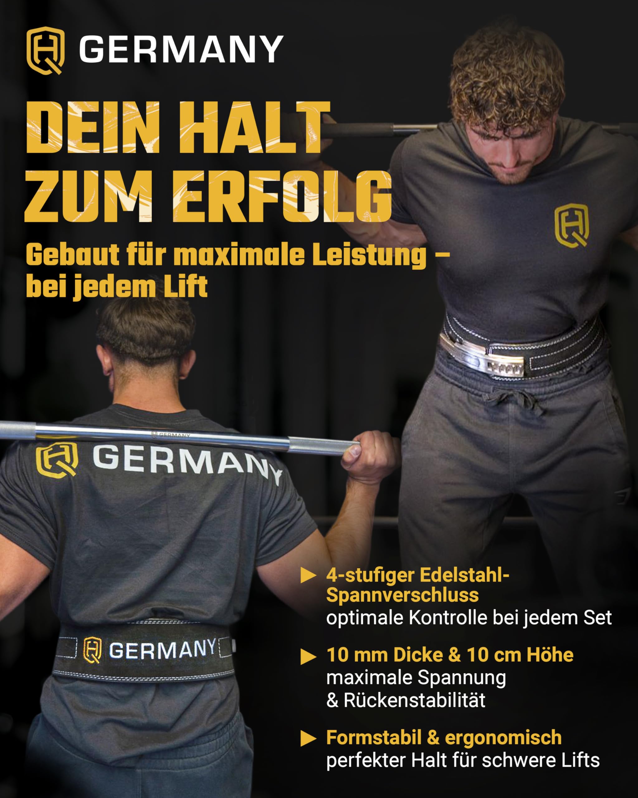 HQ Germany® Gewichthebergürtel S-XL [Echtleder] - Weightlifting Belt | 100% Rindsleder, doppelläufige Naht, veredelte Kanten, Edelstahl-Schnalle, verklebte Lederschichten, knarzfrei