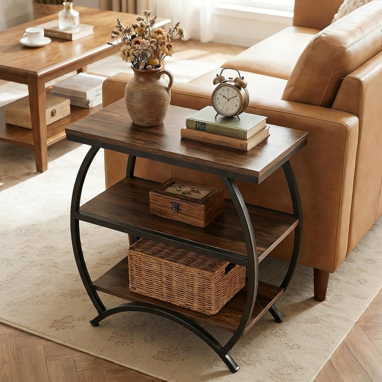 Tribesigns End Table for Living Room, Narrow Couch Side Table with 3-Tier Storage Shelves, Small Bedside Nightstand with Metal Frame, Rustic Brown