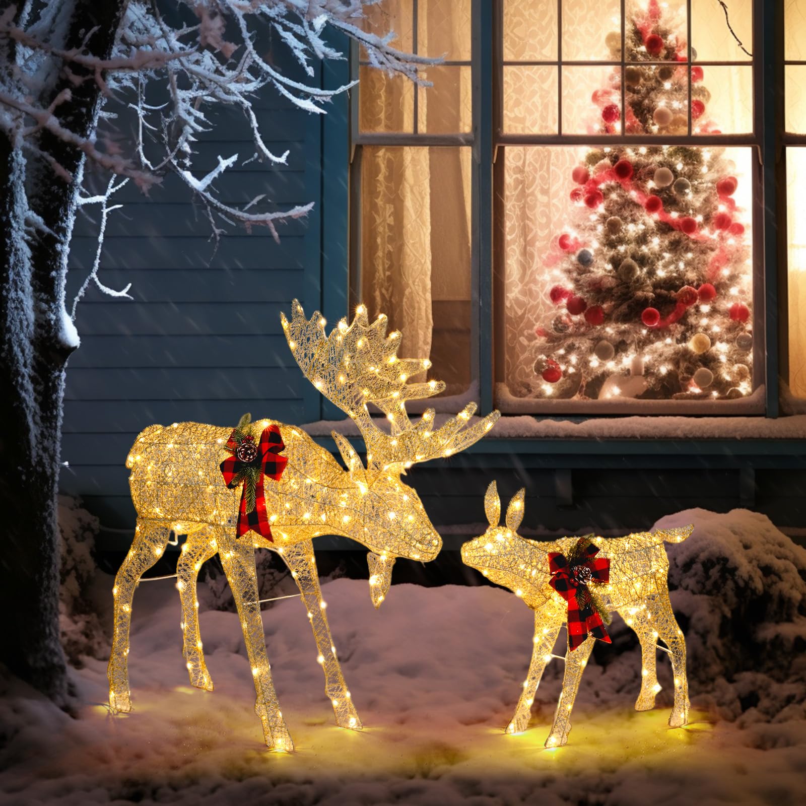 Snapklik.com : 2 Pieces Lighted Moose Family Christmas Decor, Lighted