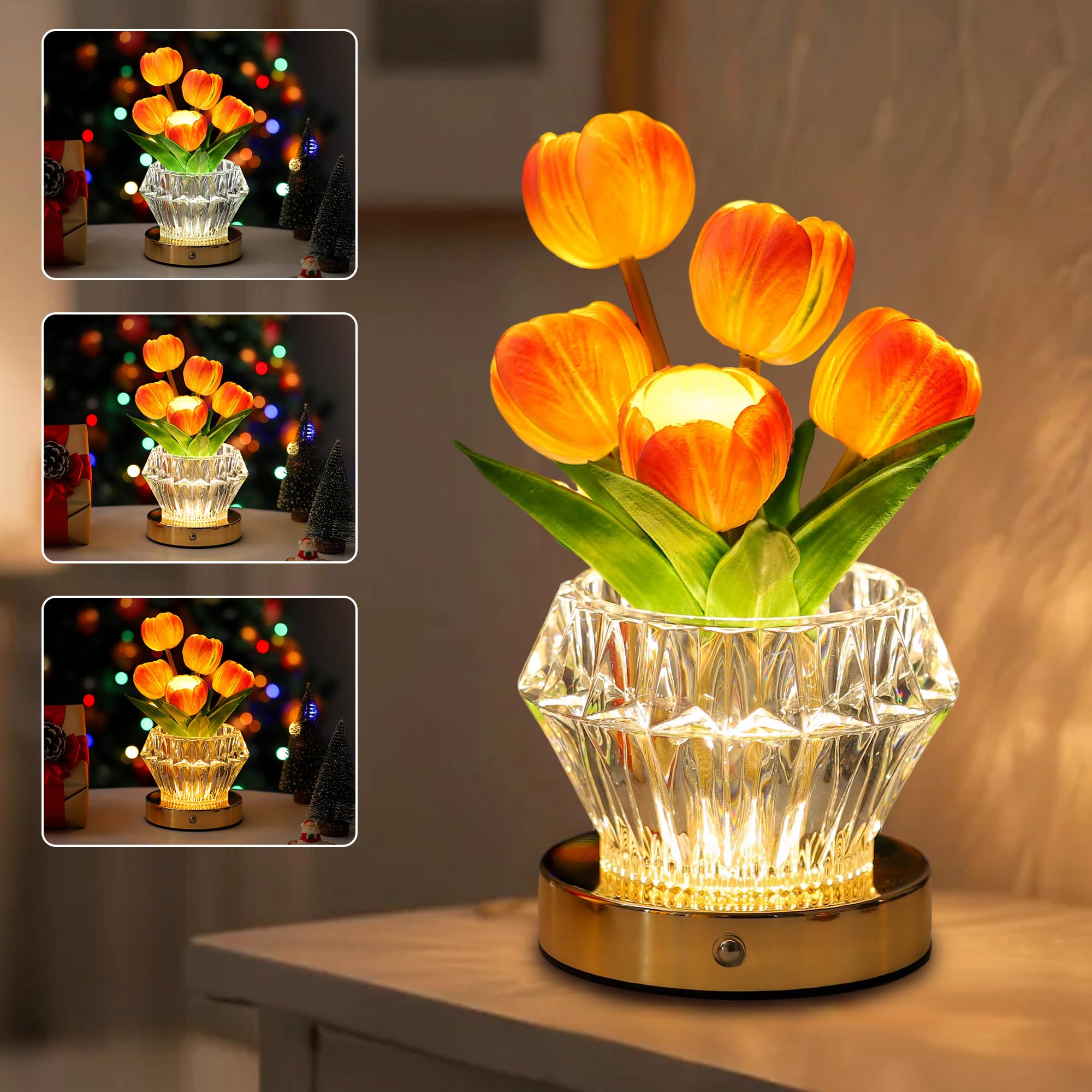 TURMTF Tulip Flower Lamp with Diamond Vase - 3-Color Dimmable Touch LED Night Light, Artificial Floral Decor, Christmas Birthday Gifts for Women (Tulip-Diamond)