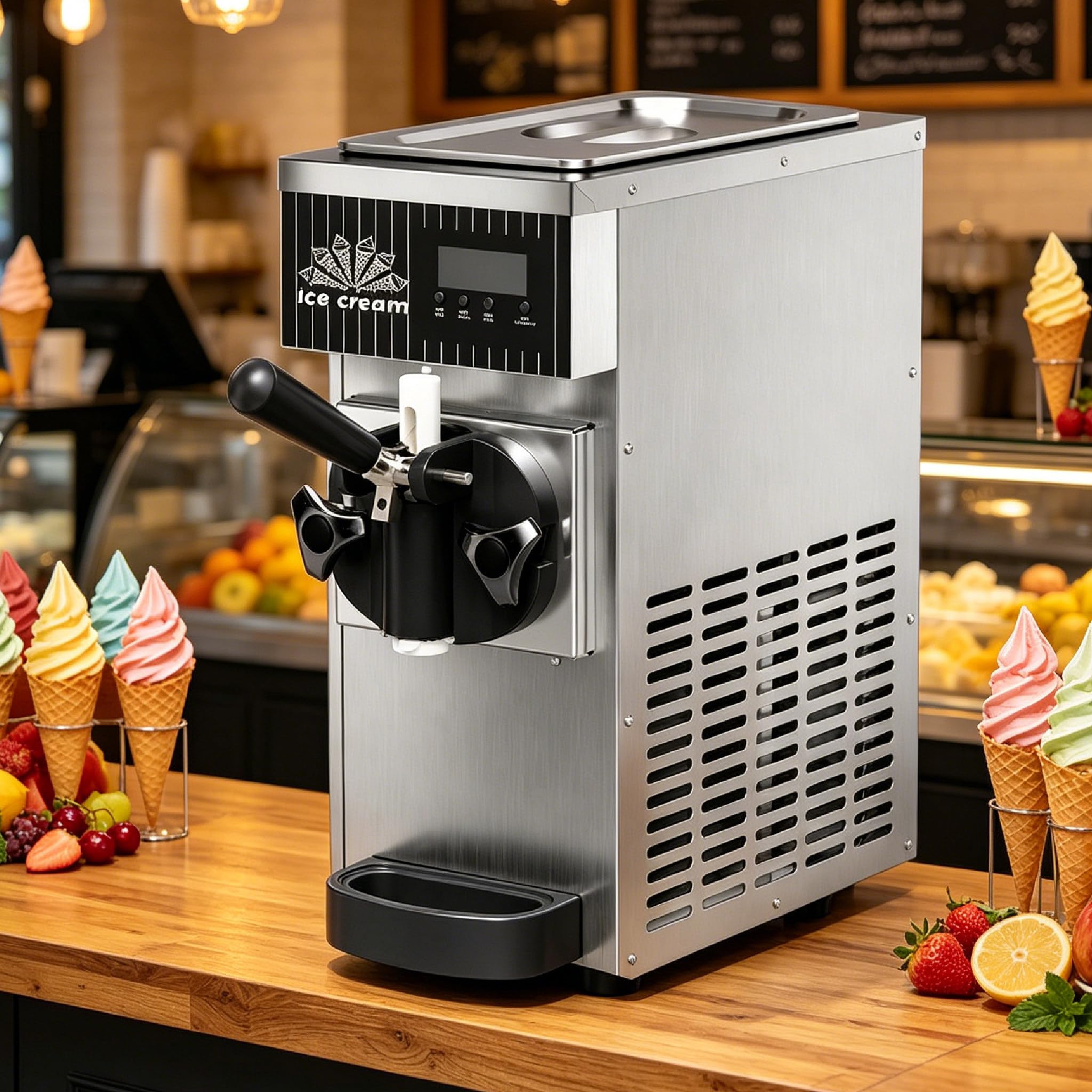 Sushangmao Soft Serve Ice Cream Maker, Countertop Soft Serve Ice Cream Maker, 450W Countertop Machine with 2.5L Hopper, LCD Control, One-Touch Cleaning for Cafes Dessert Shops Silver