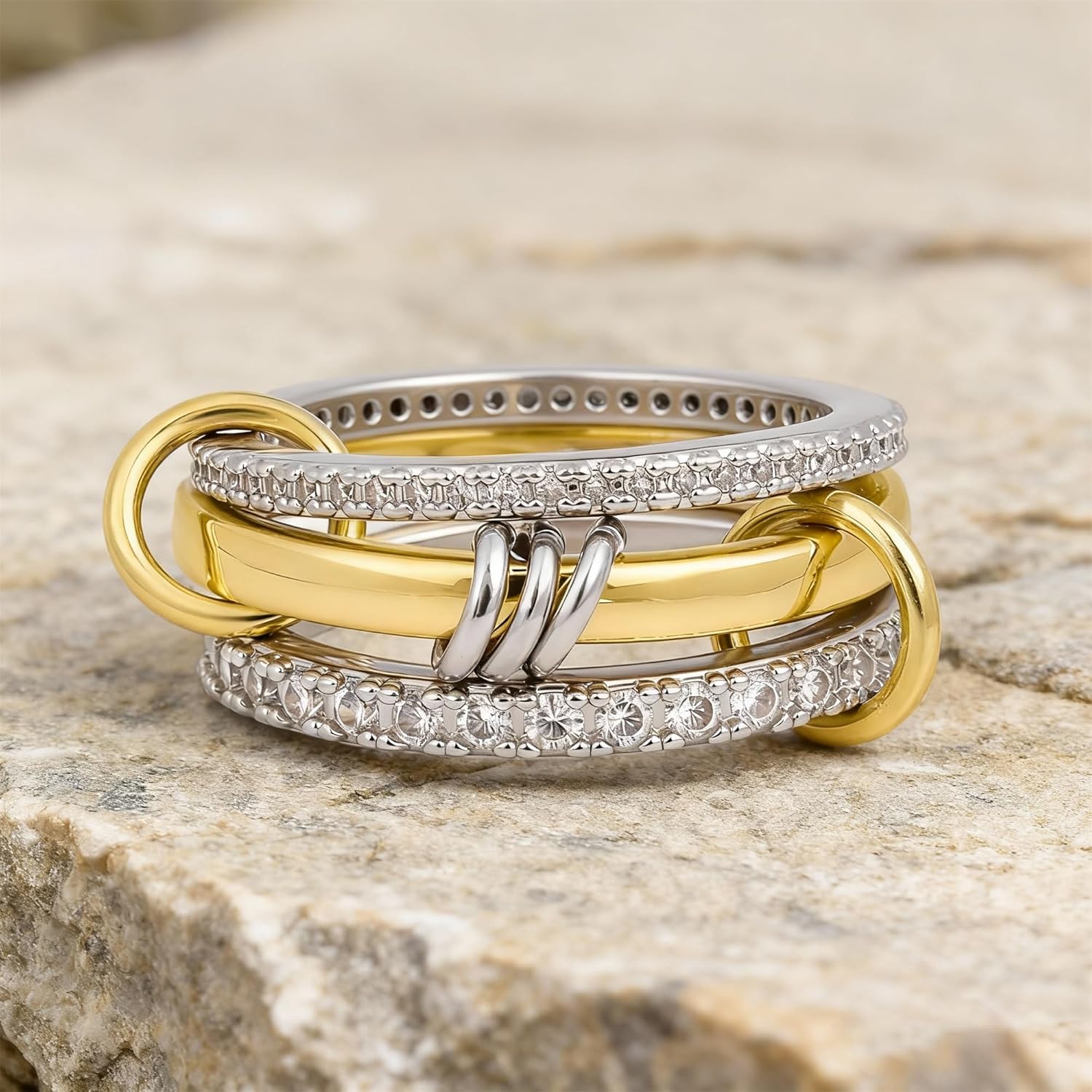 18K Gold Plated Stackable Rings for Women Non Tarnish, Sterling Silver Interlocking Ring Set with Cubic Zirconia, Hypoallergenic Mixed Metal Rings, Dainty Daily Wear Gift Jewelry for Anniversary - Image 2
