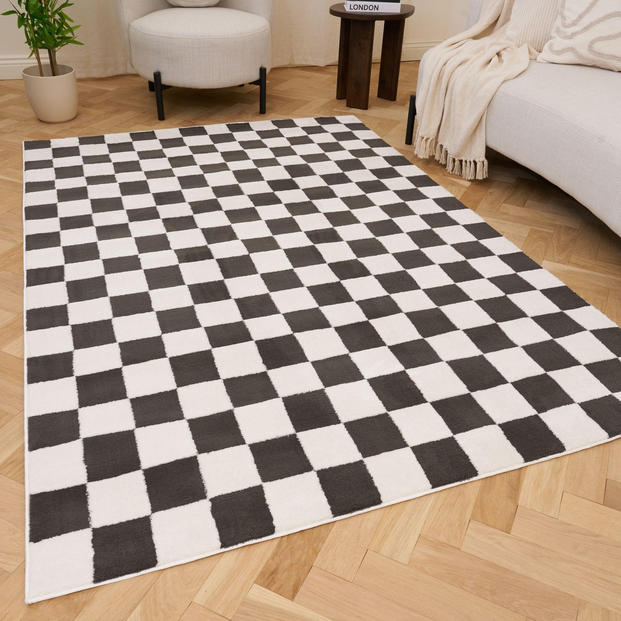 THE RUGS Living Room Rug, Loft Collection – Modern Textured 14mm Soft Pile Area Carpet, Non-Shedding & Easy Care [ Checkerboard Dark Grey, 80x150 cm]