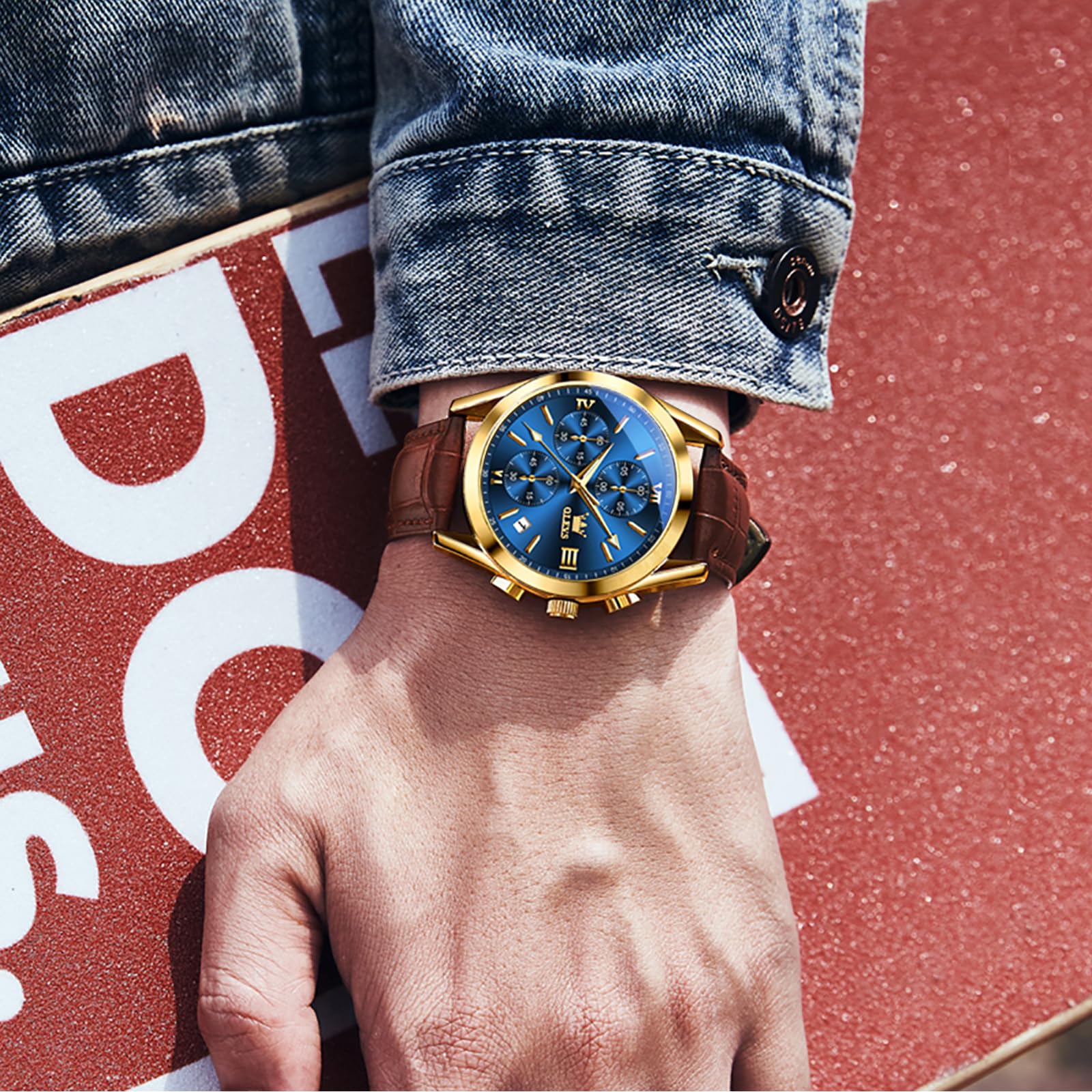 OLEVS Uhren Herren Chronograph Quarzuhr mit Lederarmband und Datum | Multifunktions 30M Wasserdicht Armbanduhr, Mineralglas Leuchtet im Dunkeln Analog Uhren fur Männer