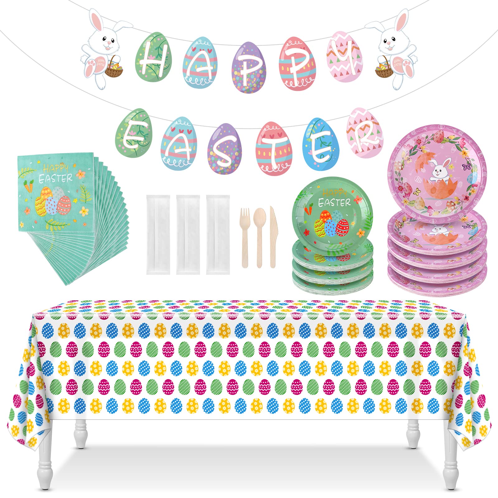ELECLAND Easter Party Supplies Easter Table Decorations, Easter Tableware Set, Happy Easter Banner, Easter Tablecloth Easter Paper Plates, Easter Egg Napkins for Easter Party Decorations, Serves 20