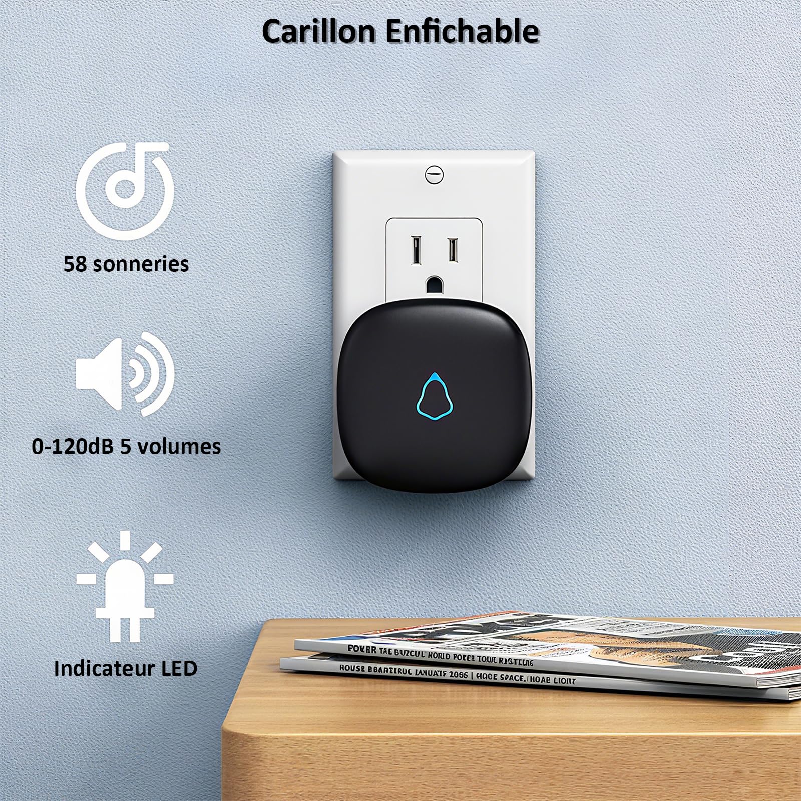 SECRUI Sonnette Sans Fil Exterieur Etanche, Doorbell Avec 2 Récepteurs + 1 Émetteur À Pile, 58 Mélodies Carillon, 5 Niveaux Volume 120 dB, LED, 300m Longue Portée Sonette Pour Maison,Appartement, Noir