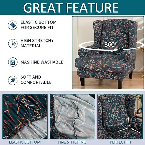 Miniatura 5 de Funda estampada para silla Wingback, funda para silla de ala, suave, elástica, lavable, protector de muebles con parte inferior elástica, B-2 piezas