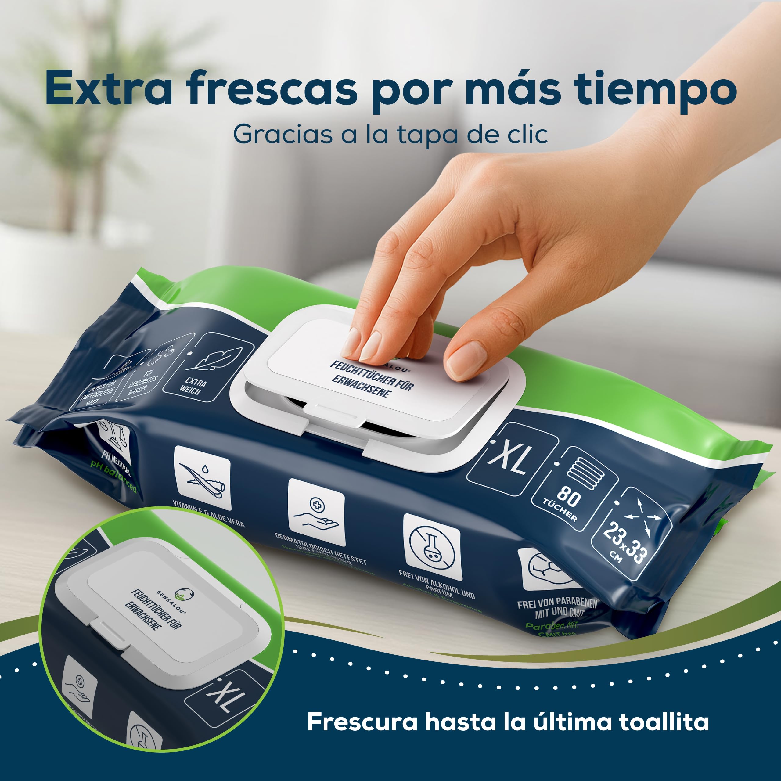 Sensalou Toallitas Húmedas XXL 23x33 cm – Extra Grandes y Suaves, Sin Alcohol, Ideales para Cuerpo, Manos y Superficies, Uso Diario, Piel Sensible, Higiene Práctica – Paquete de 80 Unidades