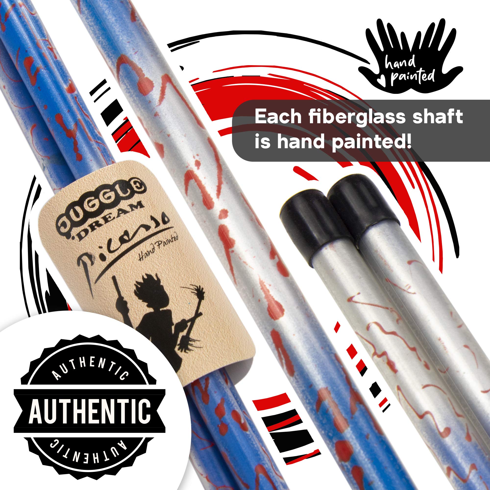 Juggle Dream Picasso Flowerstick avec Baguettes en Silicone Ultra Adhérentes. Bâton du Diable pour Jongler et Danser (Bleu/Argent/Rouge Pompons)