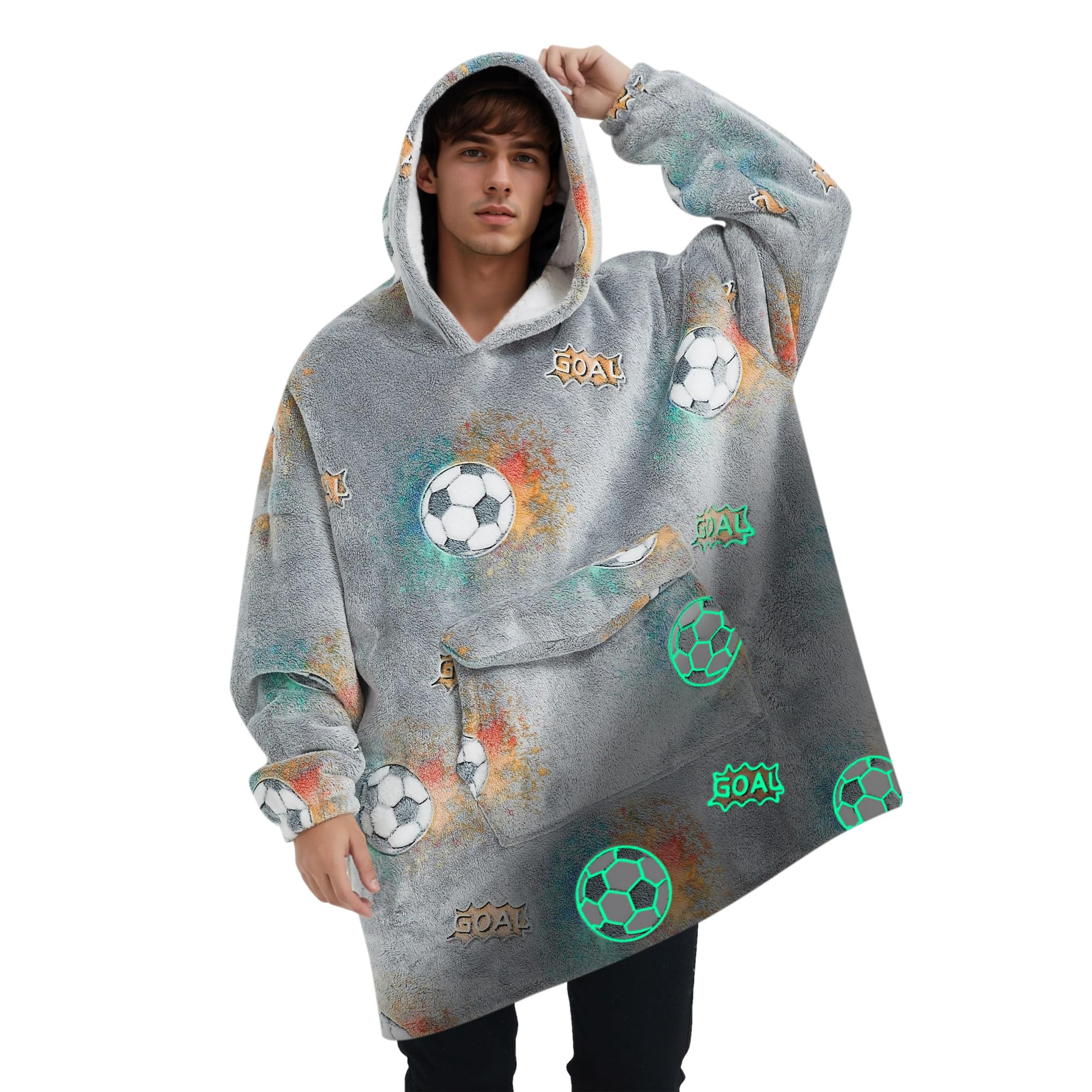 Mewkou Glow in The Dark Football Wearable Blanket Hoodie for Adults, Oversized Sherpa Fleece Blanket Hoodie, Unisex, One Size, Athletic Modern, Cartoon Pattern, Casual Occasion, Adults-football Color — image 1
