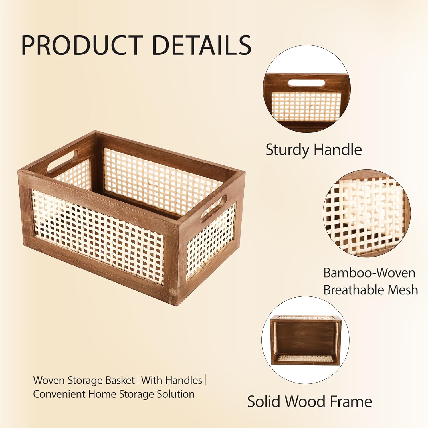 Boho Wooden Storage Basket with Bamboo Woven Panel, Decorative Handle Organizer Bin for Shelves, Kitchen, Pantry, Closet & Countertop, 11.81 x 7.87 x 5.51 Inch