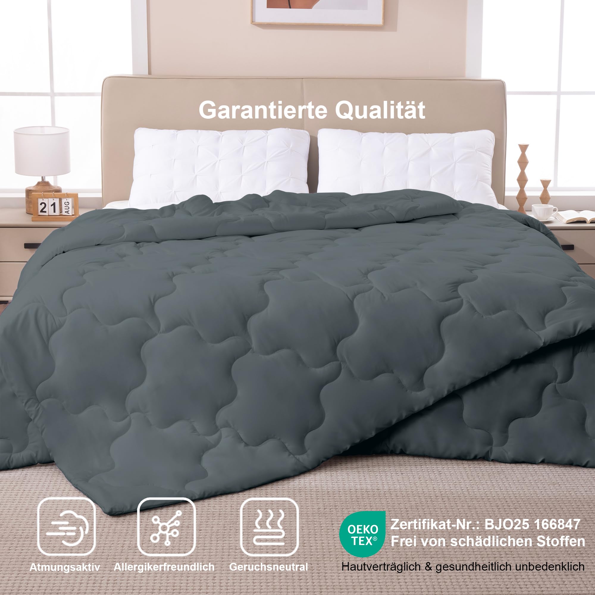 Waxberry 4 Jahreszeiten Bettdecke 135x200, 2 Teilig Set - Winterdecke 450gsm - Ganzjahresdecke 300gsm + Sommerdecke 150gsm, Weiche Steppdecke Waschbar Anti-Allergisch, Dunkelgrau - 4