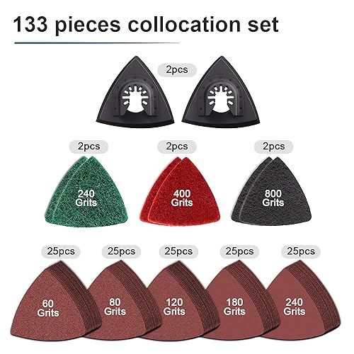 Miniatura 2 de Kit de 133 piezas de almohadillas de lijado para herramienta oscilante, 125 papeles de lija, 2 almohadillas de lijado triangulares y 6 almohadillas