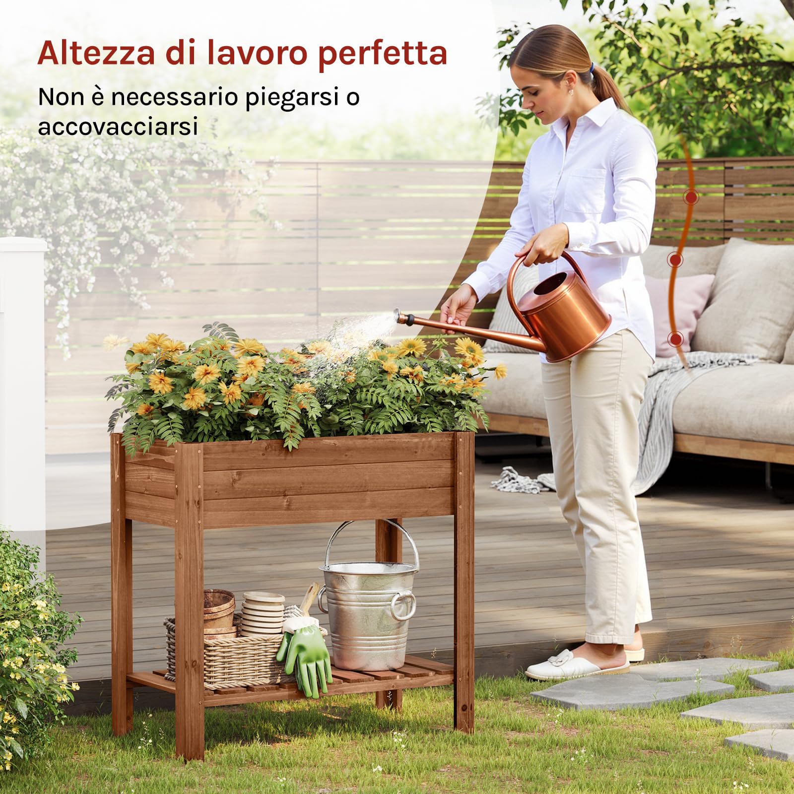WOLTU Aiuola Rialzata in Legno 80x75x40 cm, con Vaso per Fiori, Ripiano e Rivestimento Idrorepellente, per Orto ed Erbe Aromatiche, adatta a Balcone, Giardino, Terrazzo ed Esterni, Marrone