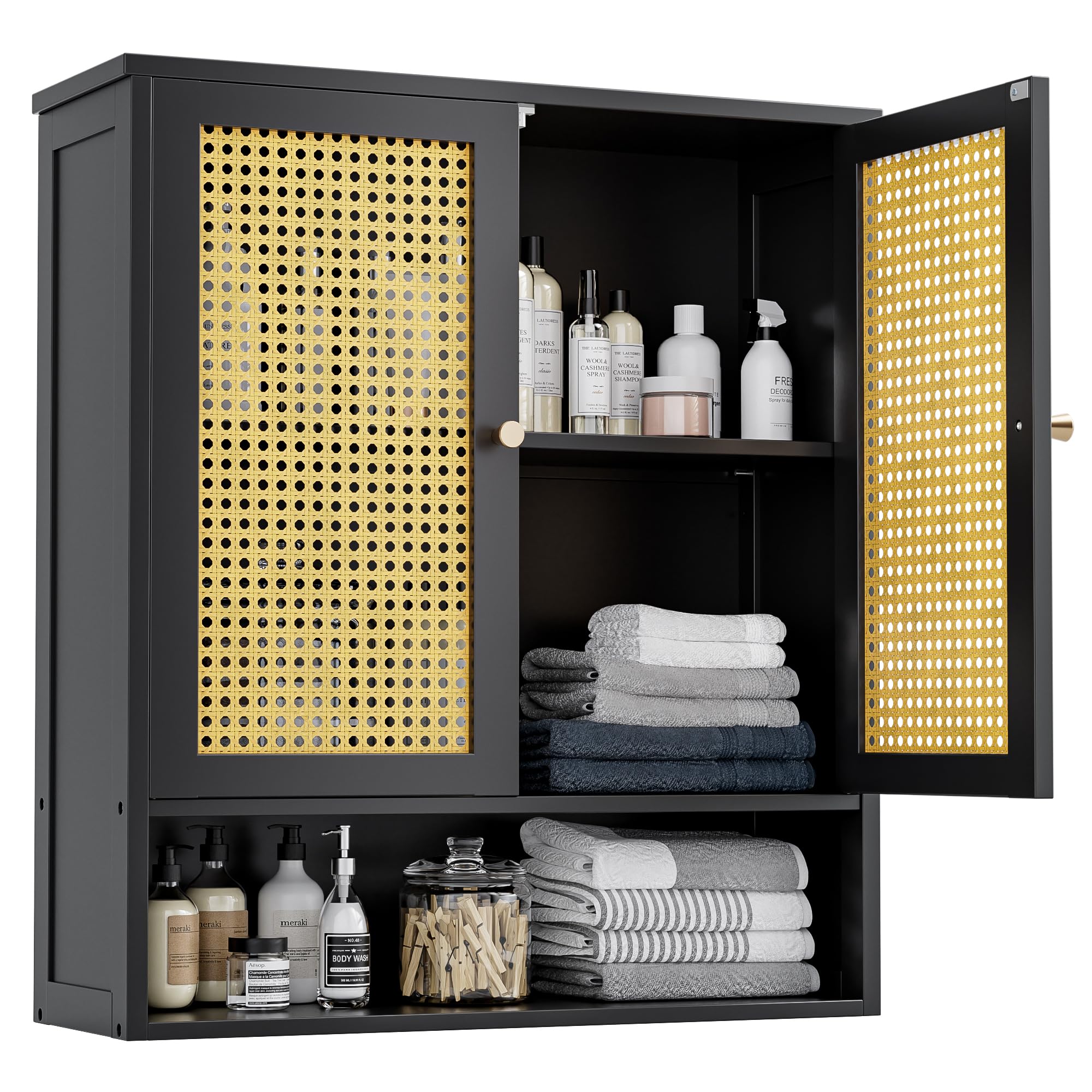 Vovala Armoire Murale De Salle De Bain En Bambou Avec 2 Portes En Rotin Et étagère Réglable, Armoire à Pharmacie économiseur D'espace Pour Linge, Cuisine, Salon (Blanc