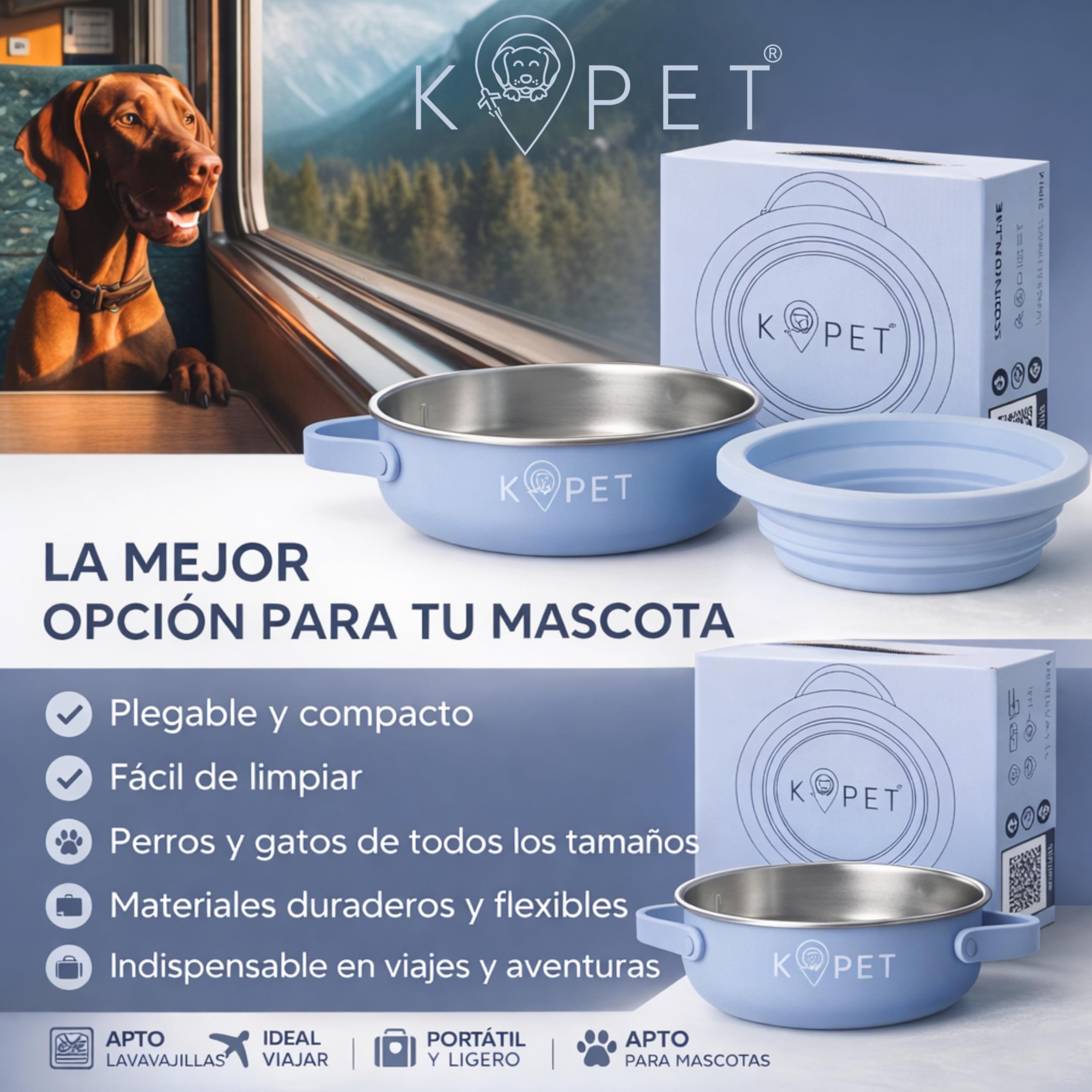KPET® Comedero y Bebedero Plegable 2 en 1 para Perros y Gatos – Bowl Portátil de 900 ml con Acero Inoxidable + Tazón Silicona, Antideslizante y Fácil de Limpiar – Ideal Coche, Viajes y Senderismo