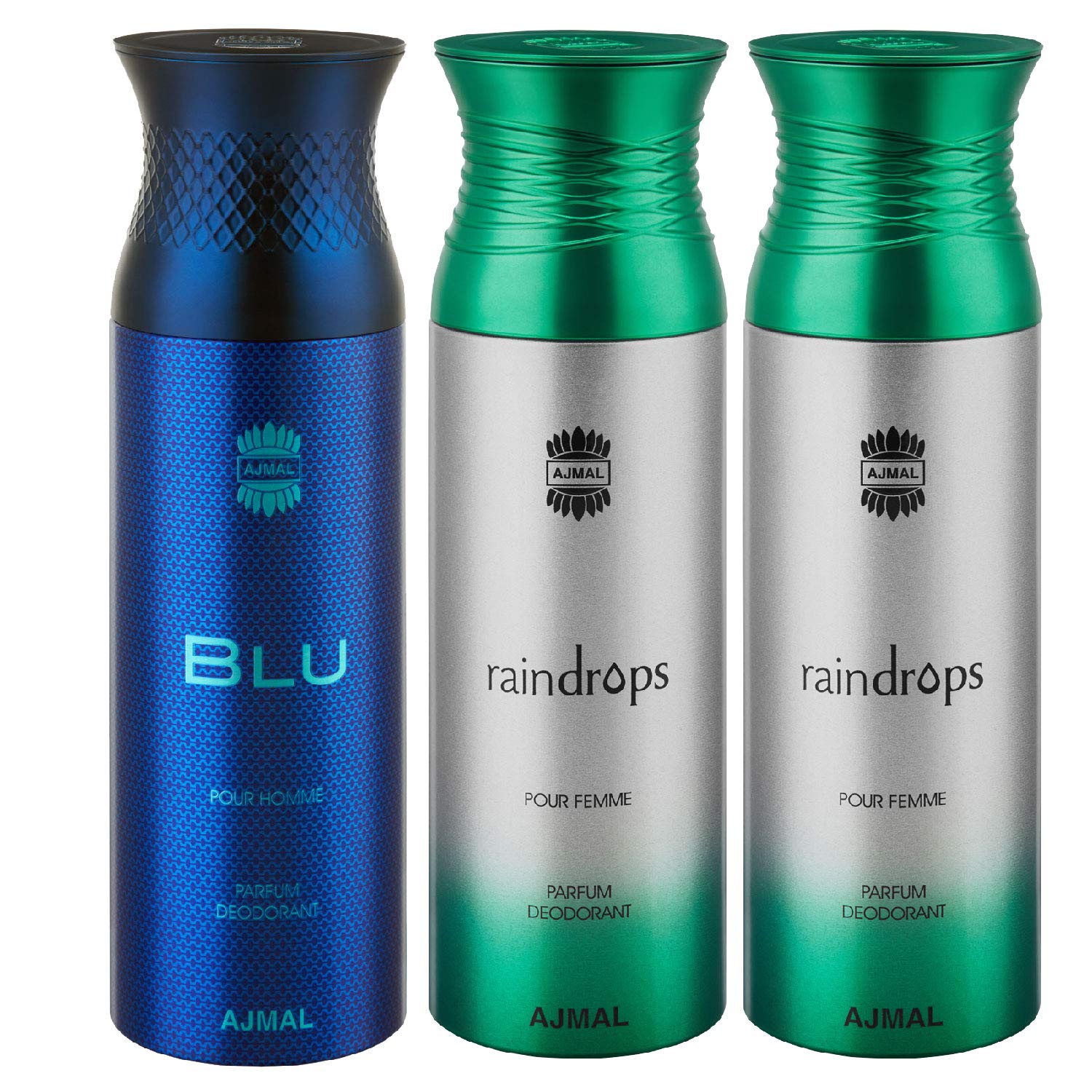 Ajmal Blu & Raindrops & Raindrops Deodorant Spray - For Men & Women (200 ml, Pack of 3)