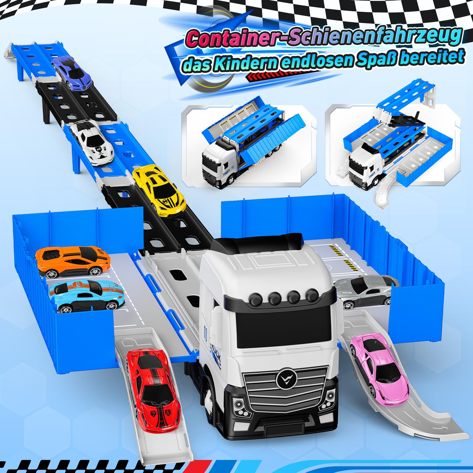 EUCOCO Kinderspielzeug ab 2 3 4 5 6 Jahre, Auto Transporter Geschenk Junge 2-6 Jahre, LKW Spielzeug 158 cm Truck Spielzeugauto mit 8 Rennautos Ostergeschenke für Kinder