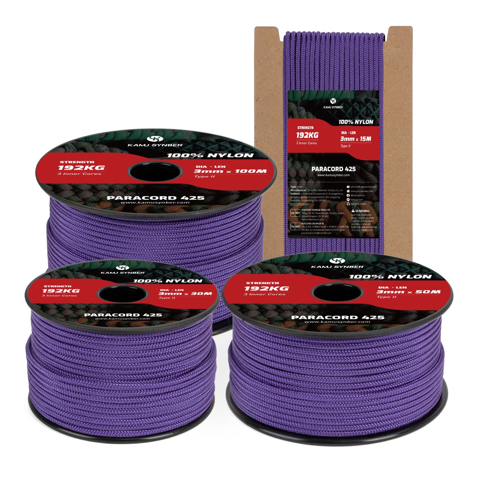 Kamu Synber 425 Paracord 3mm x 100m 100% Nylon Rope 3 Strands Parachute Cord Type II for Outdoor, Crafting, DIY | Support 192kg | Purple