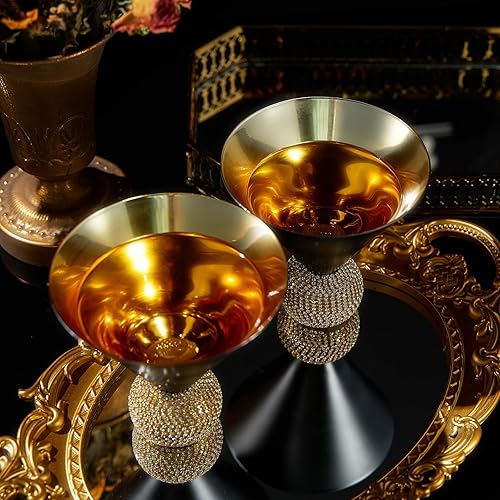 Miniatura 2 de Juego de 2 copas de Martini y cóctel con tachuelas de diamantes, base de bola de cristal sin tallo, 10.5 onzas, cristal de estilo brillante, hermoso